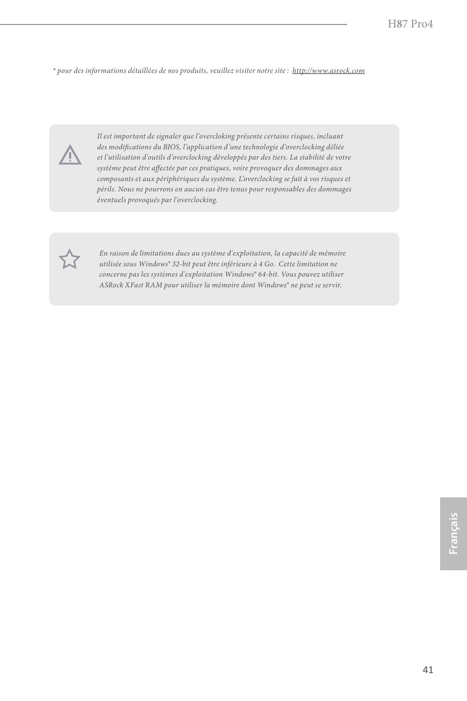 H 8 7 pro4, Fr ançais | ASRock H87 Pro4 User Manual | Page 43 / 150