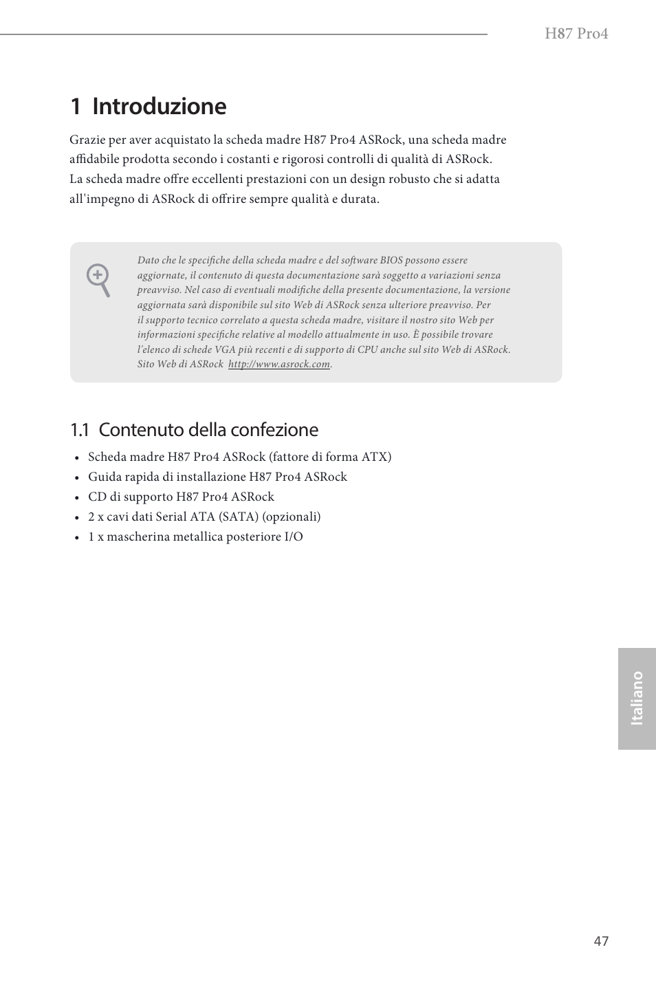 Italian, 1 introduzione, 1 contenuto della confezione | ASRock H87 Pro4 User Manual | Page 49 / 150