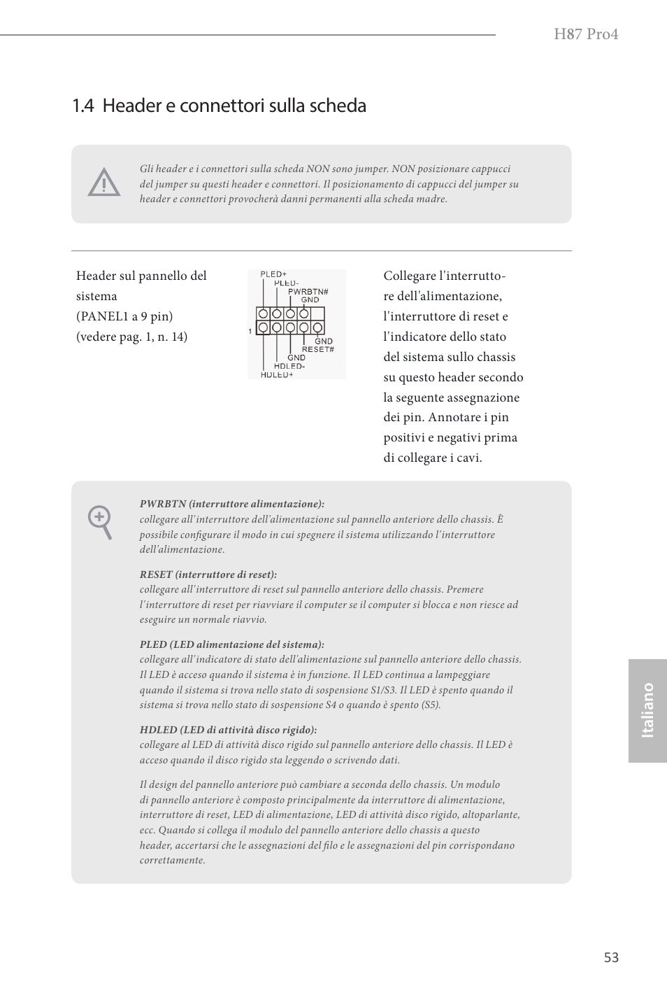 4 header e connettori sulla scheda, H 8 7 pro4, Italiano | ASRock H87 Pro4 User Manual | Page 55 / 150