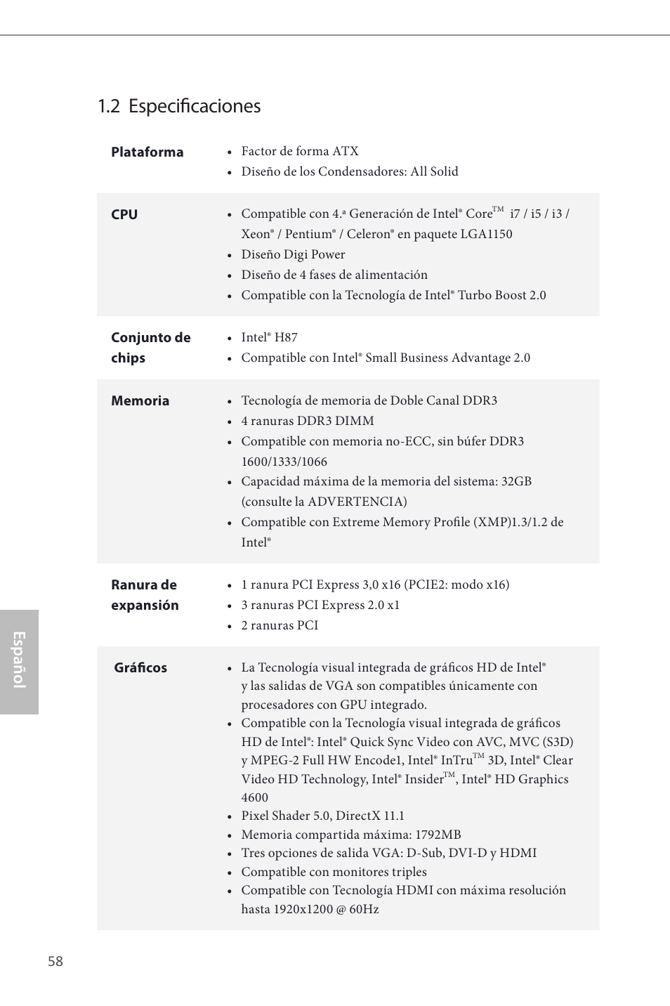 2 especificaciones, Español | ASRock H87 Pro4 User Manual | Page 60 / 150