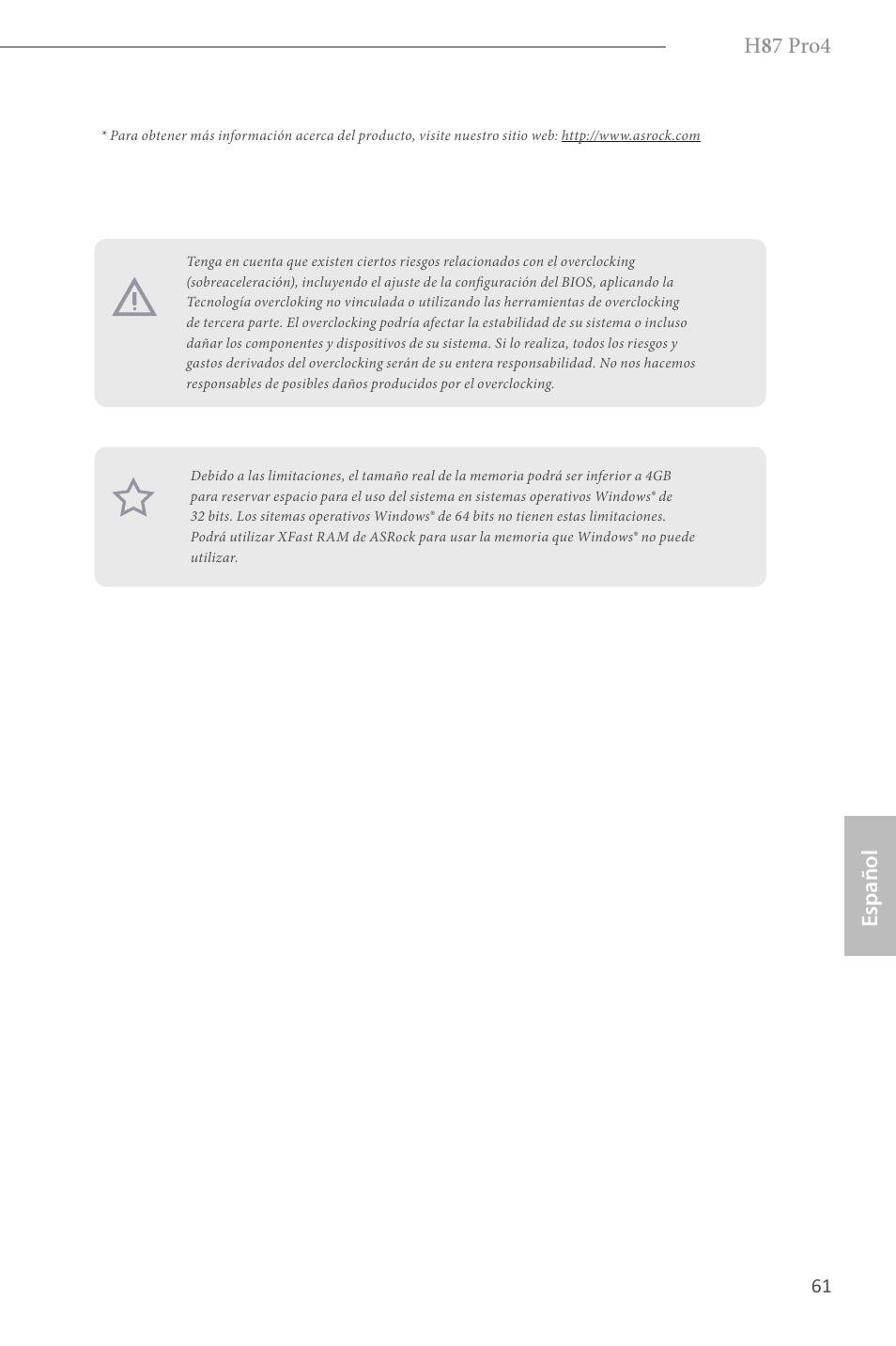 H 8 7 pro4, Español | ASRock H87 Pro4 User Manual | Page 63 / 150