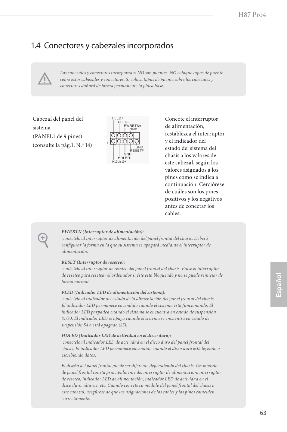 4 conectores y cabezales incorporados, H 8 7 pro4, Español | ASRock H87 Pro4 User Manual | Page 65 / 150