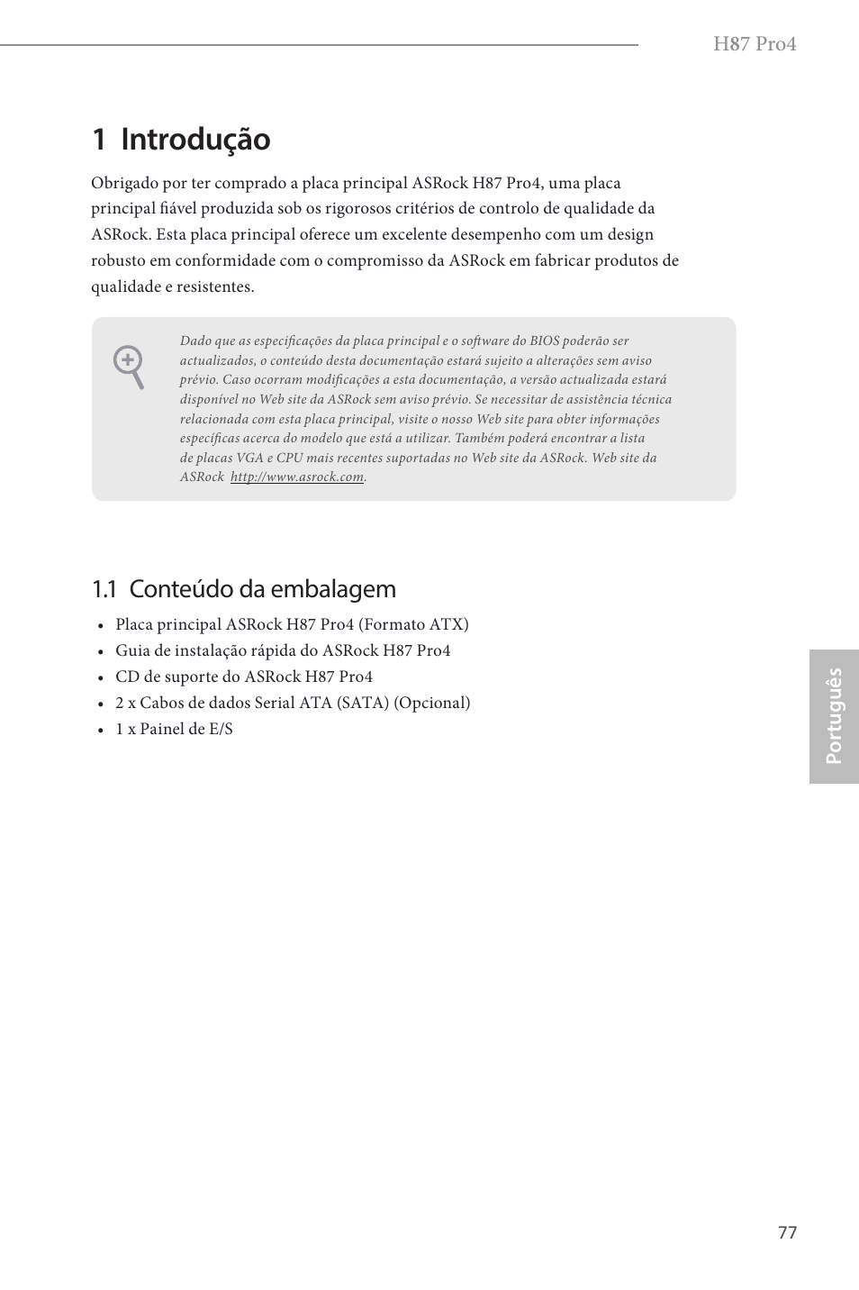 Portuguese, 1 introdução, 1 conteúdo da embalagem | ASRock H87 Pro4 User Manual | Page 79 / 150