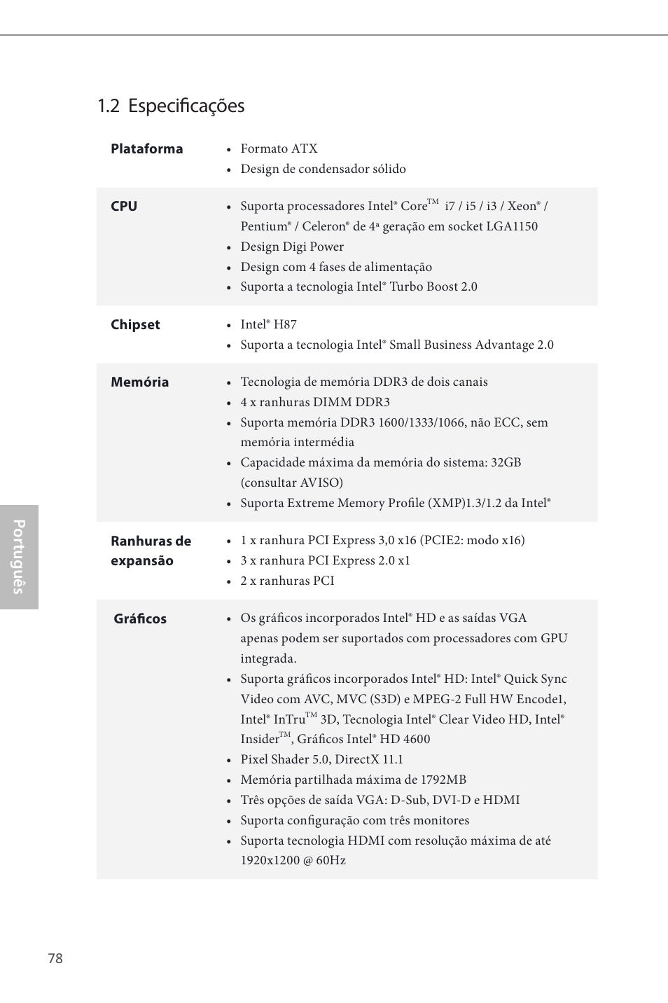 2 especificações, Por tuguês | ASRock H87 Pro4 User Manual | Page 80 / 150