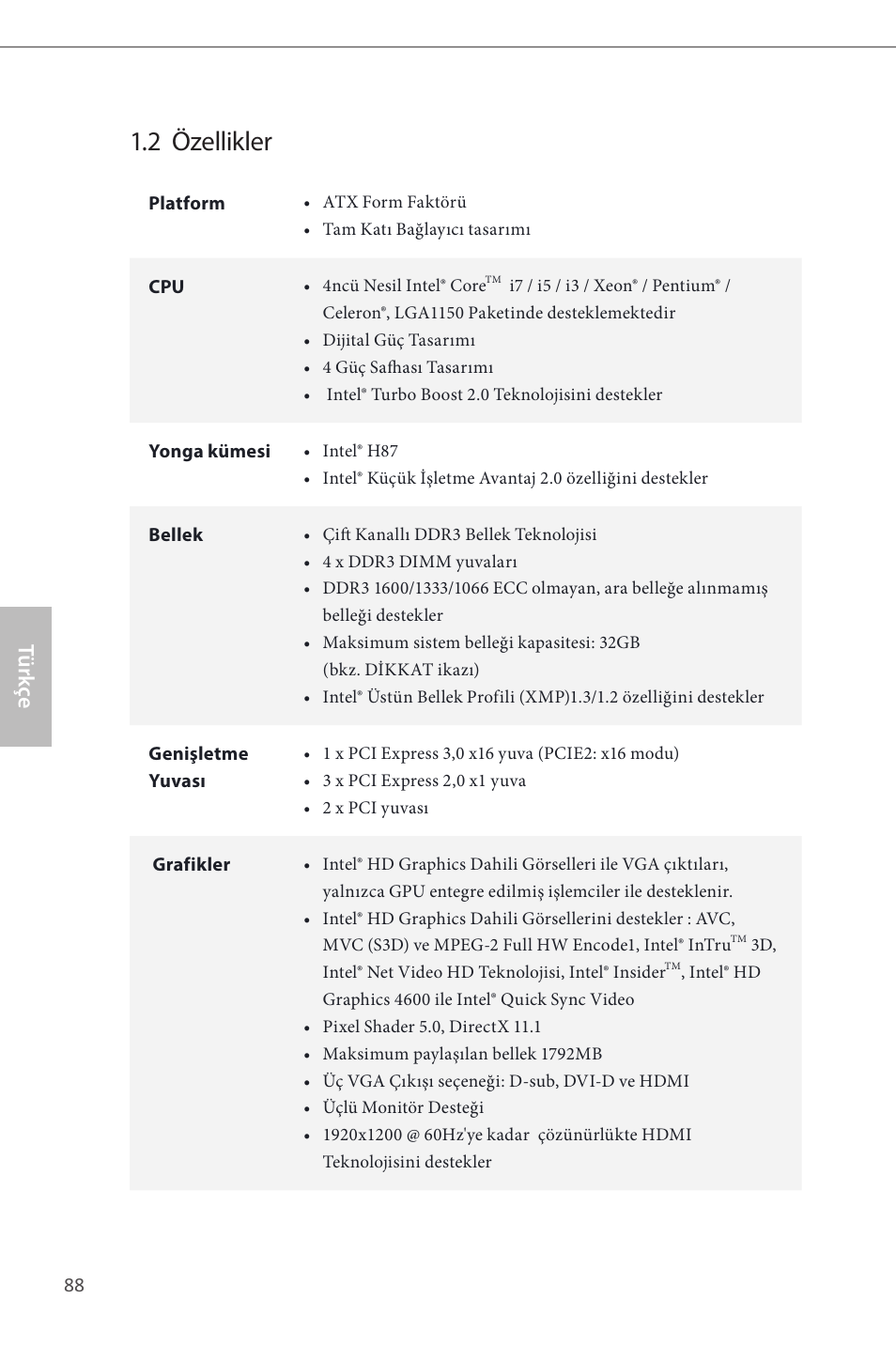2 özellikler, Türk çe | ASRock H87 Pro4 User Manual | Page 90 / 150