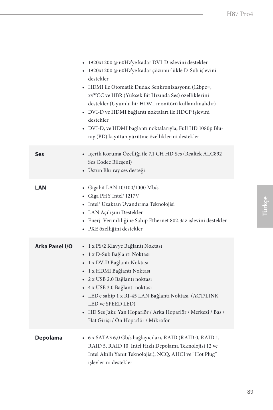 H 8 7 pro4, Türk çe | ASRock H87 Pro4 User Manual | Page 91 / 150