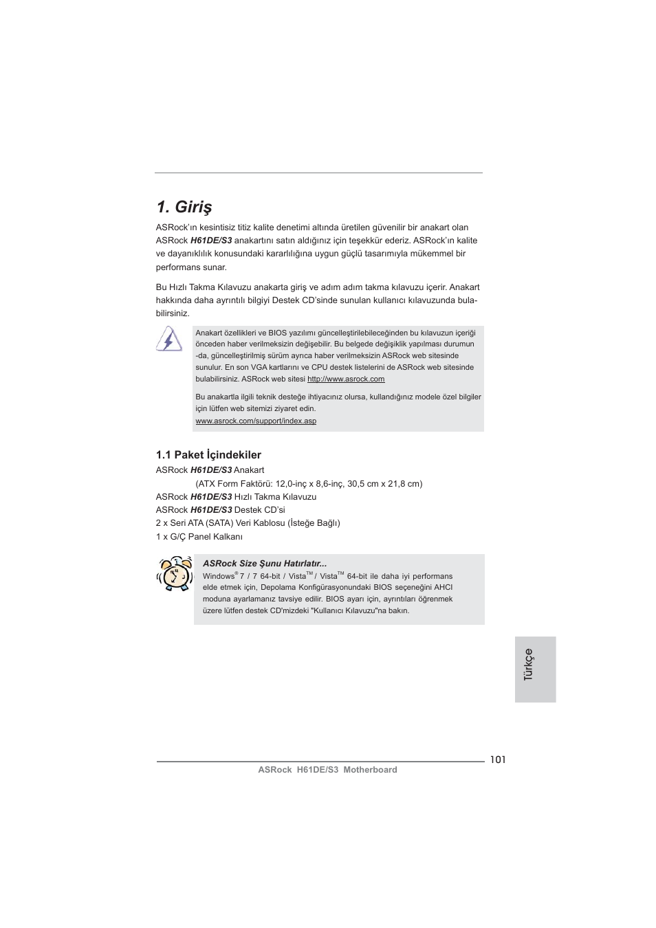 Turkish, Giriş | ASRock H61DE__S3 User Manual | Page 101 / 164
