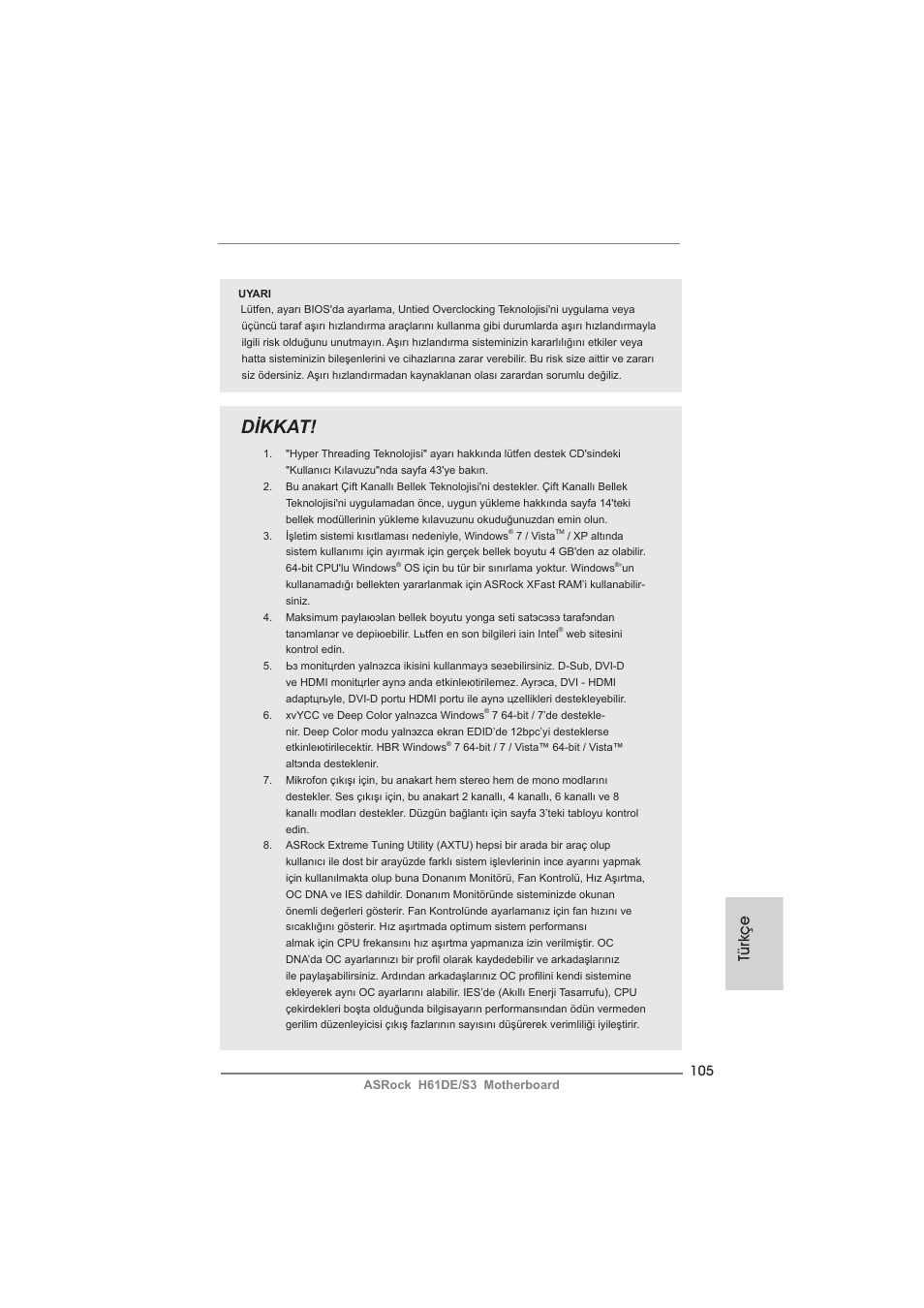 Dikkat, Türkçe | ASRock H61DE__S3 User Manual | Page 105 / 164