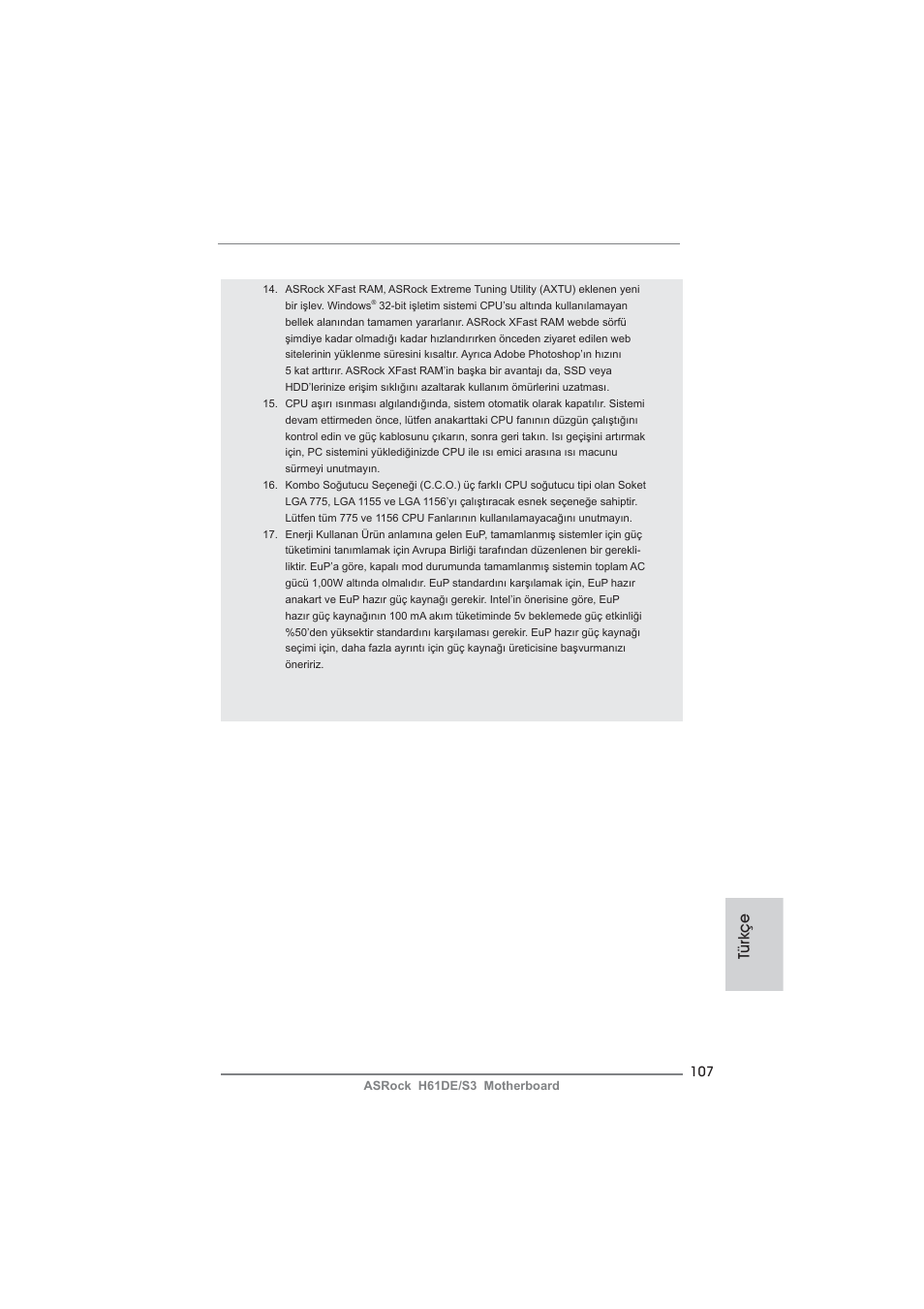 Türkçe | ASRock H61DE__S3 User Manual | Page 107 / 164