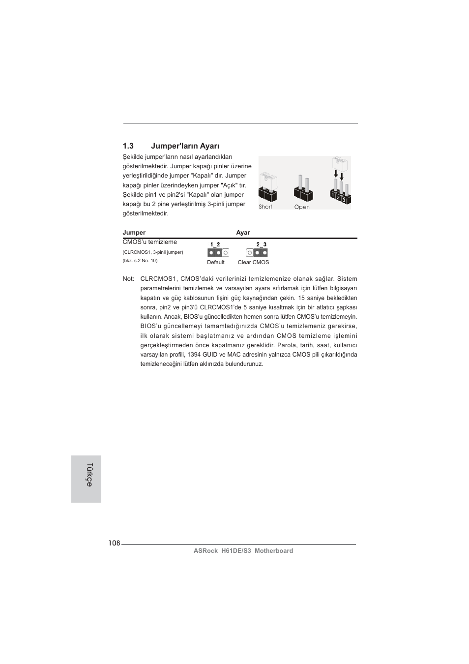 3 jumper'ların ayarı, Türkçe | ASRock H61DE__S3 User Manual | Page 108 / 164