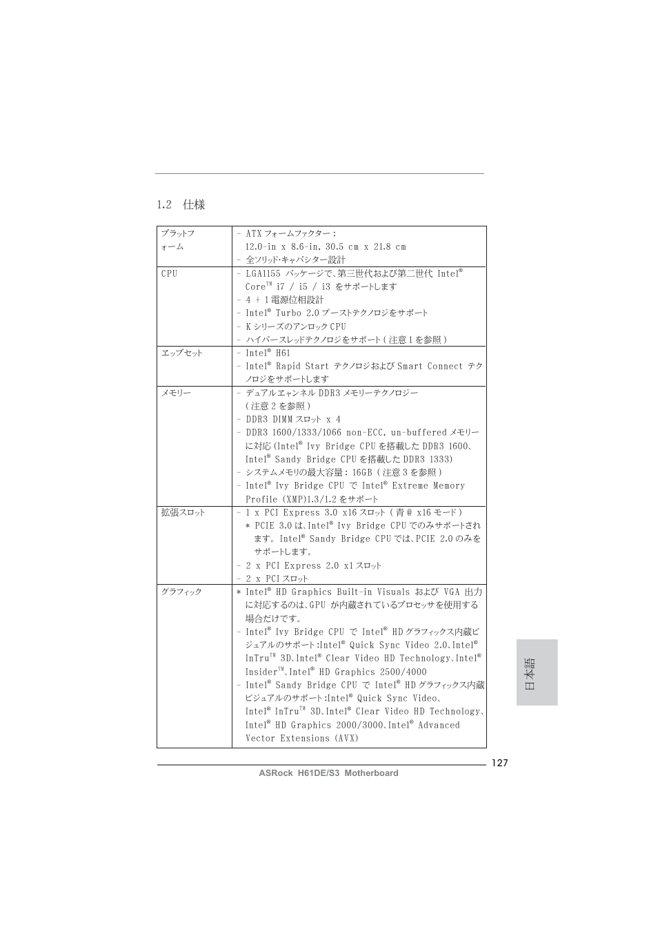 日本語 1.2 仕様 | ASRock H61DE__S3 User Manual | Page 127 / 164