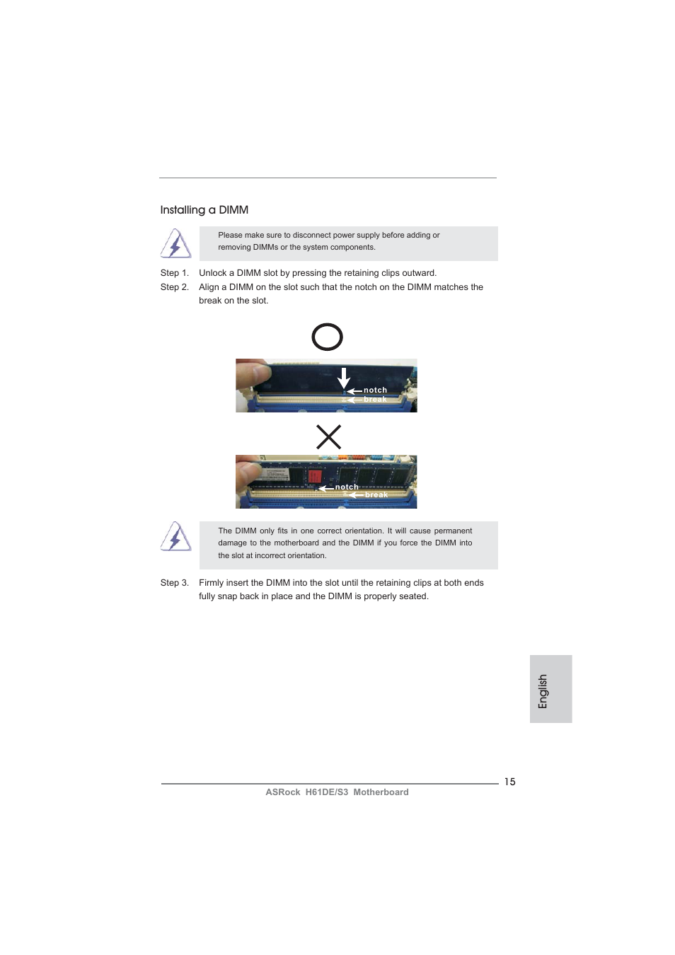 English, Installing a dimm | ASRock H61DE__S3 User Manual | Page 15 / 164