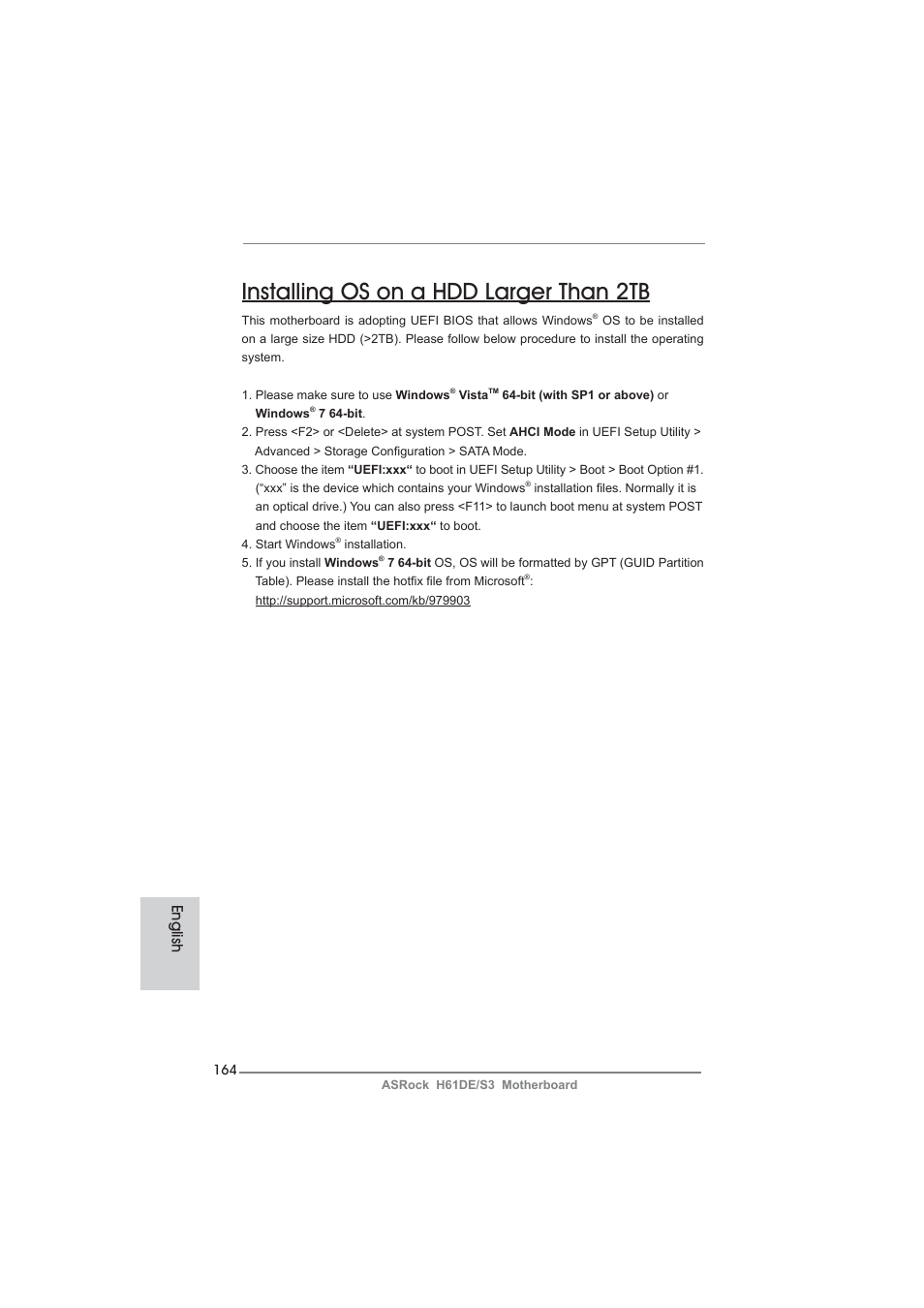 Installing os on a hdd larger than 2tb, English | ASRock H61DE__S3 User Manual | Page 164 / 164