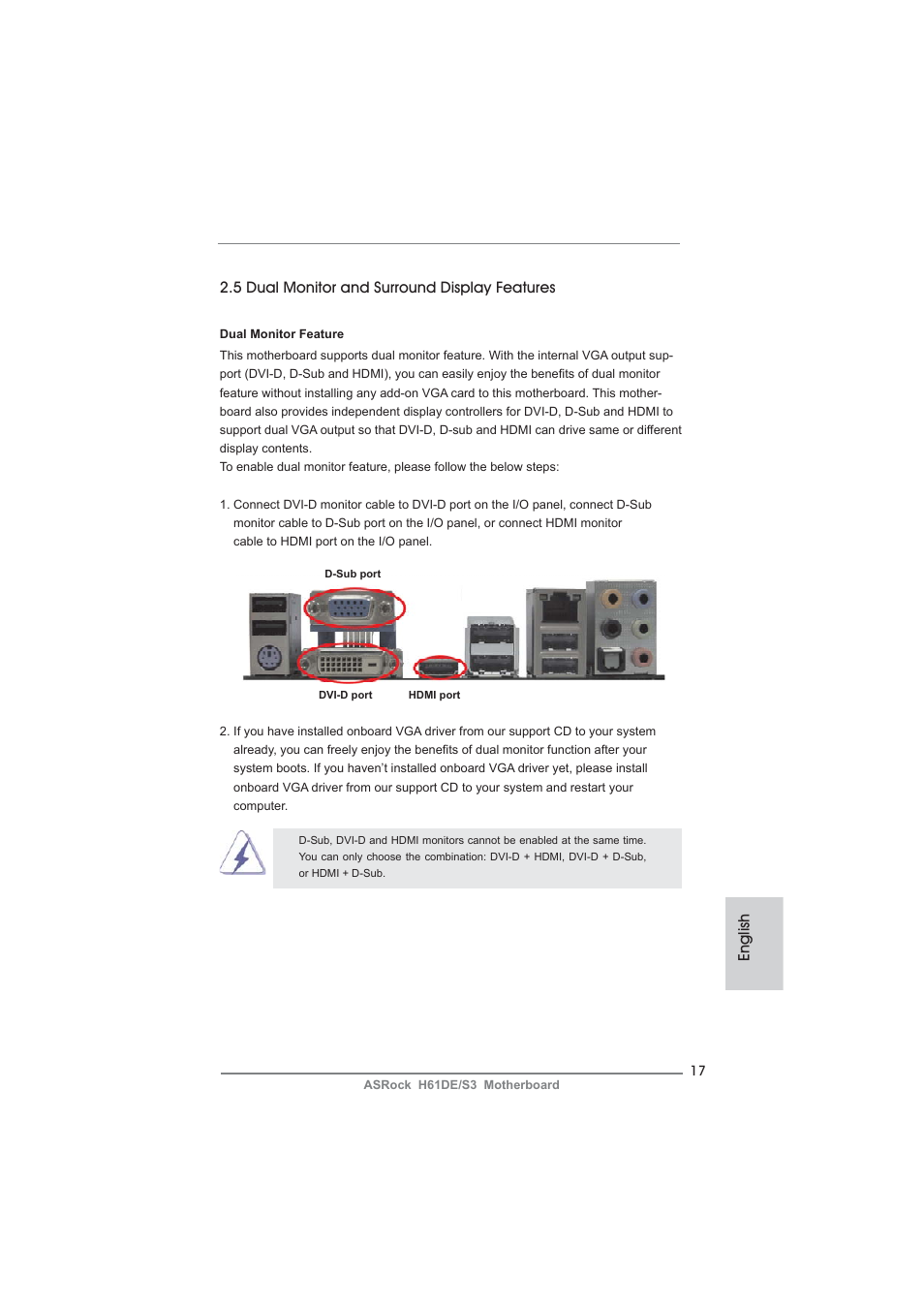 English, 5 dual monitor and surround display features | ASRock H61DE__S3 User Manual | Page 17 / 164