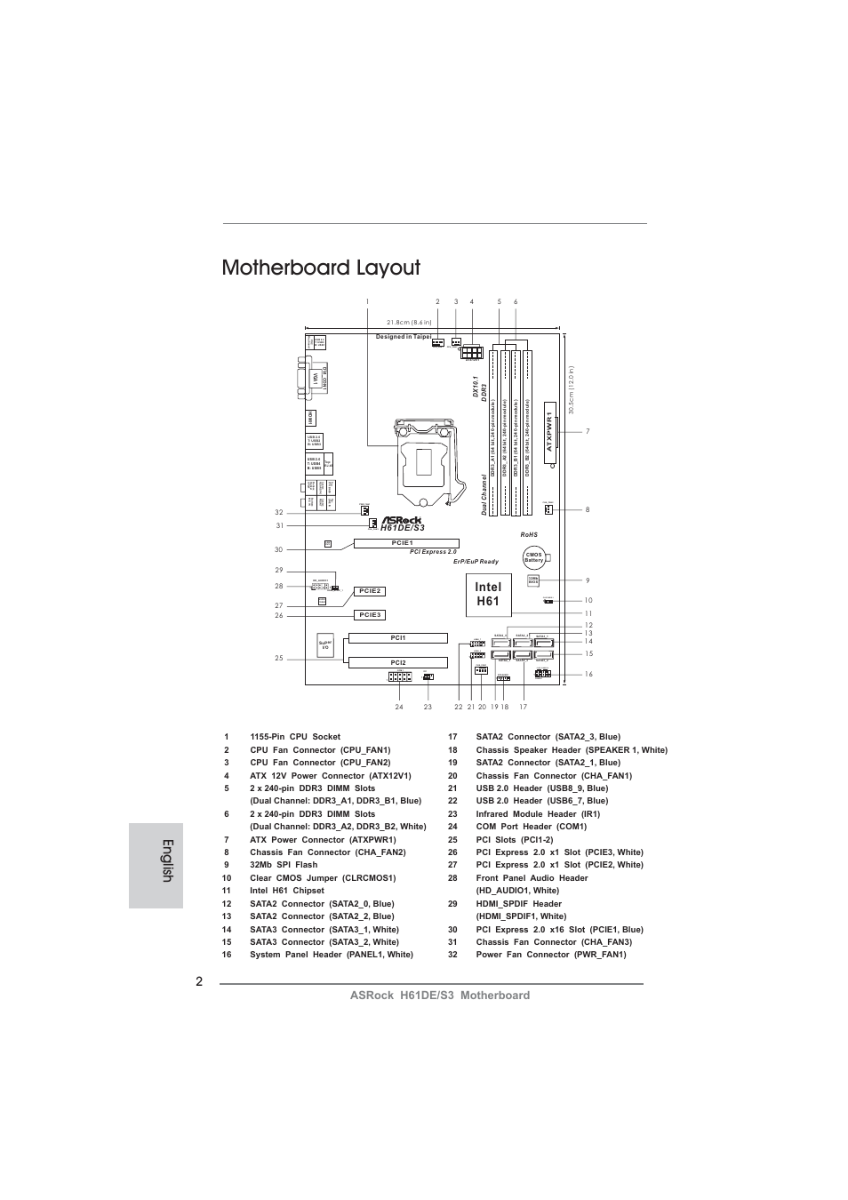 Motherboard layout, English, Intel h61 | Usb6_7, Usb8_9, Hdled reset pled pwrbtn, Clrcmos1, Asrock h61de/s3 motherboard | ASRock H61DE__S3 User Manual | Page 2 / 164