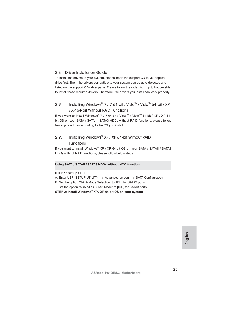 English 2.8 driver installation guide, 9 installing windows, 7 / 7 64-bit / vista | Vista, Bit / xp / xp 64-bit without raid functions, 1 installing windows, Xp / xp 64-bit without raid functions | ASRock H61DE__S3 User Manual | Page 25 / 164