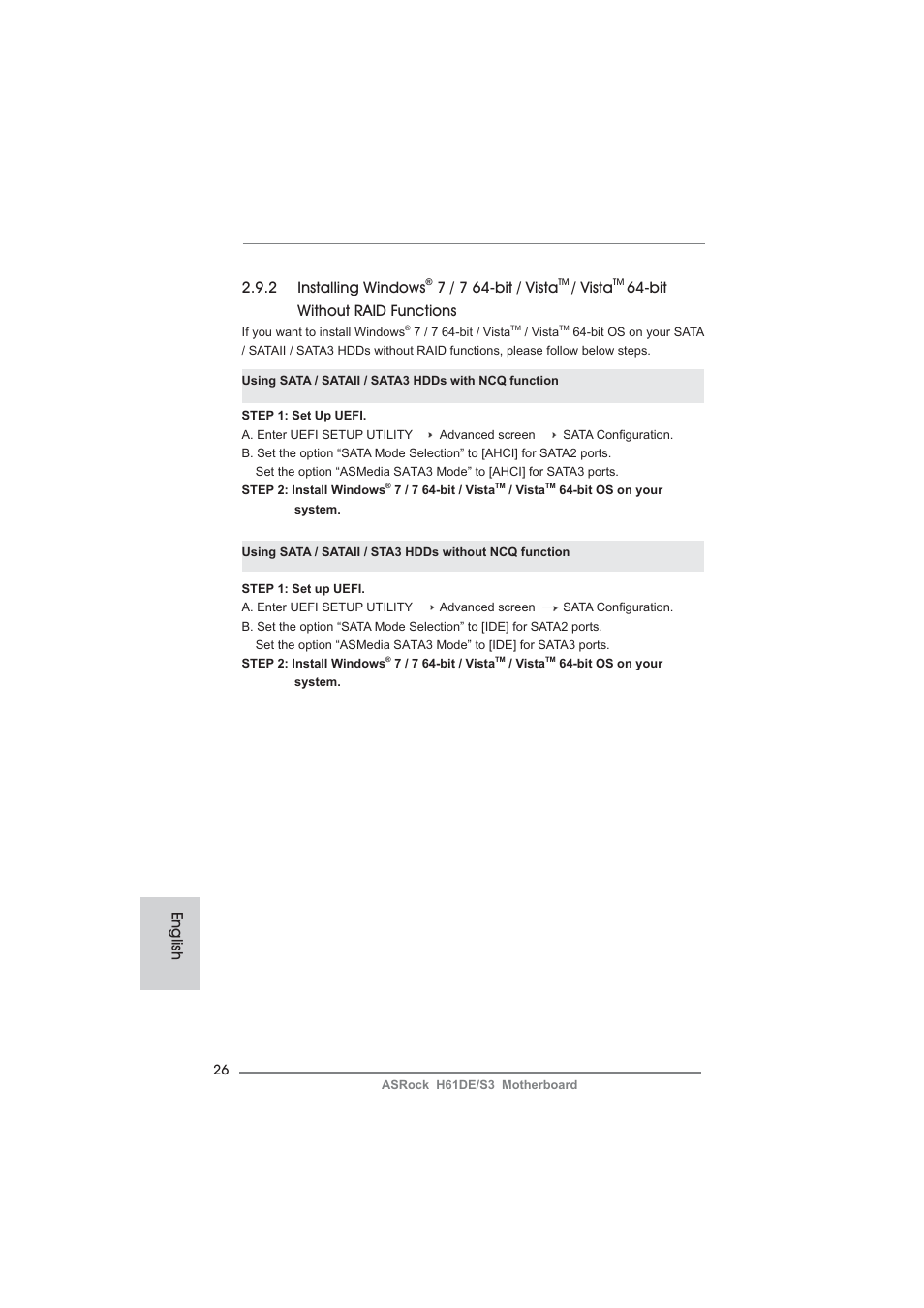 English 2.9.2 installing windows, 7 / 7 64-bit / vista, Vista | Bit without raid functions | ASRock H61DE__S3 User Manual | Page 26 / 164