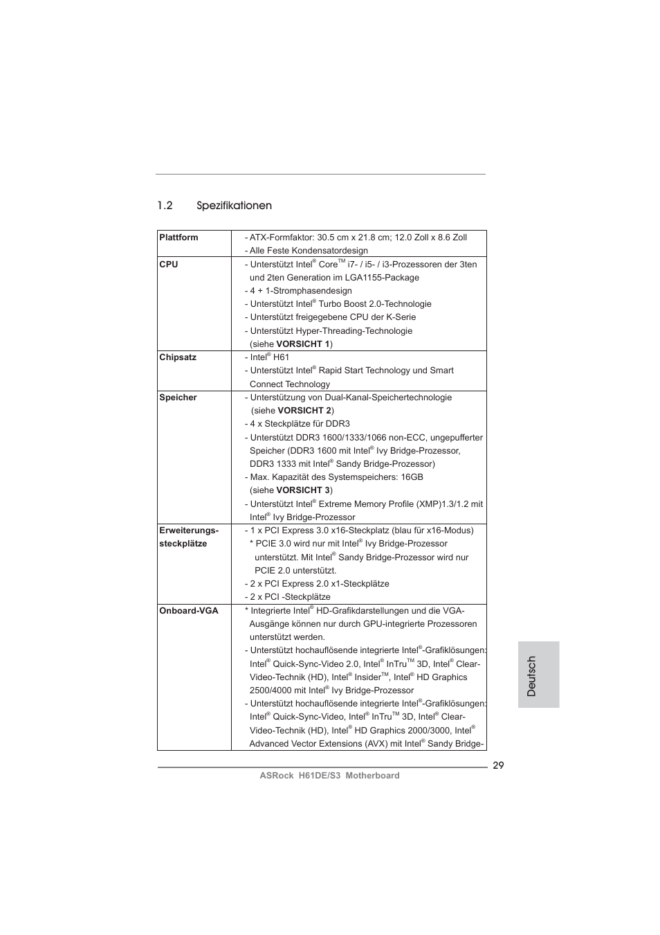 Deutsch 1.2 spezifikationen | ASRock H61DE__S3 User Manual | Page 29 / 164