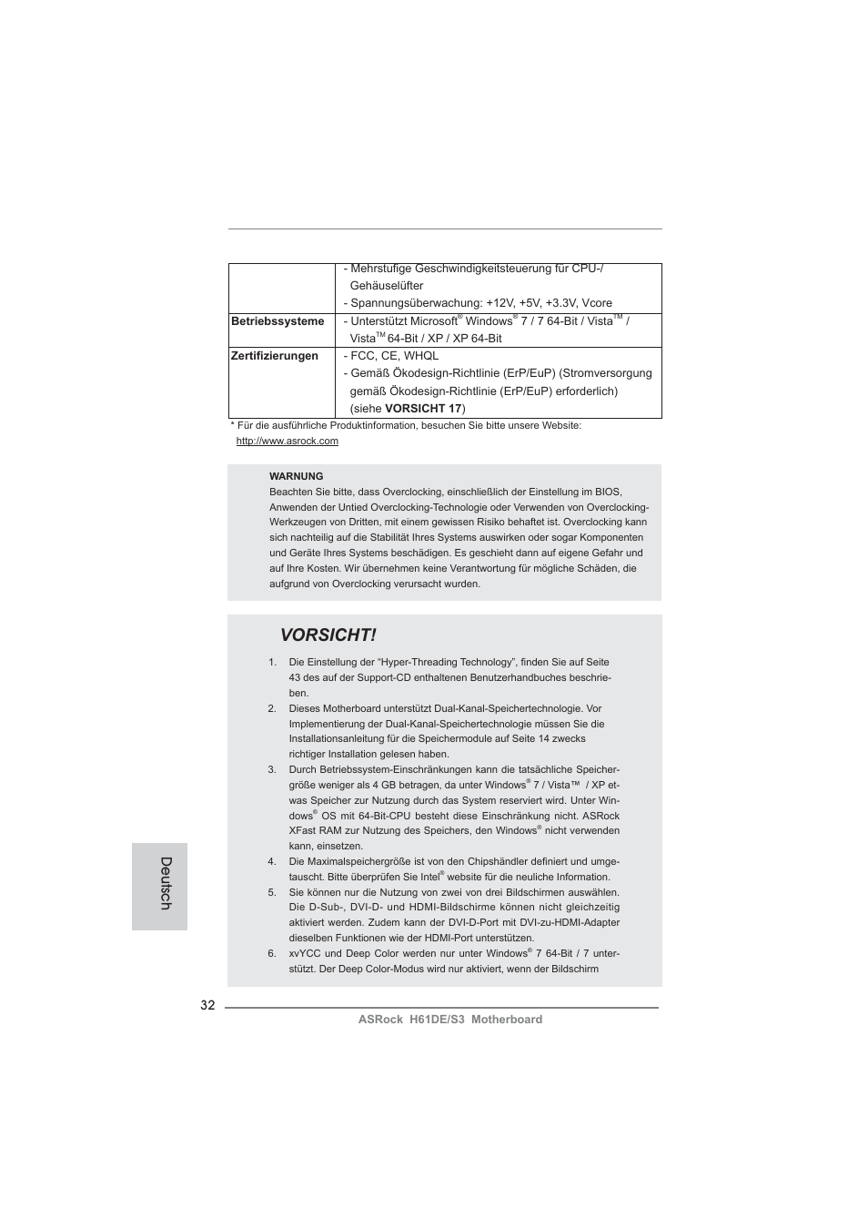 Vorsicht, Deutsch | ASRock H61DE__S3 User Manual | Page 32 / 164