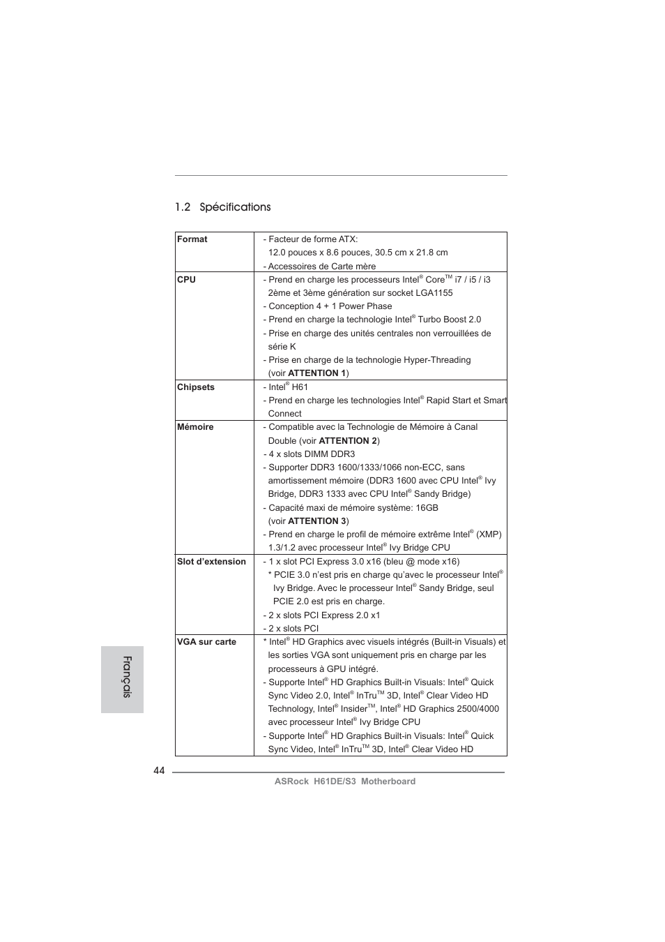 2 spécifications, Français | ASRock H61DE__S3 User Manual | Page 44 / 164