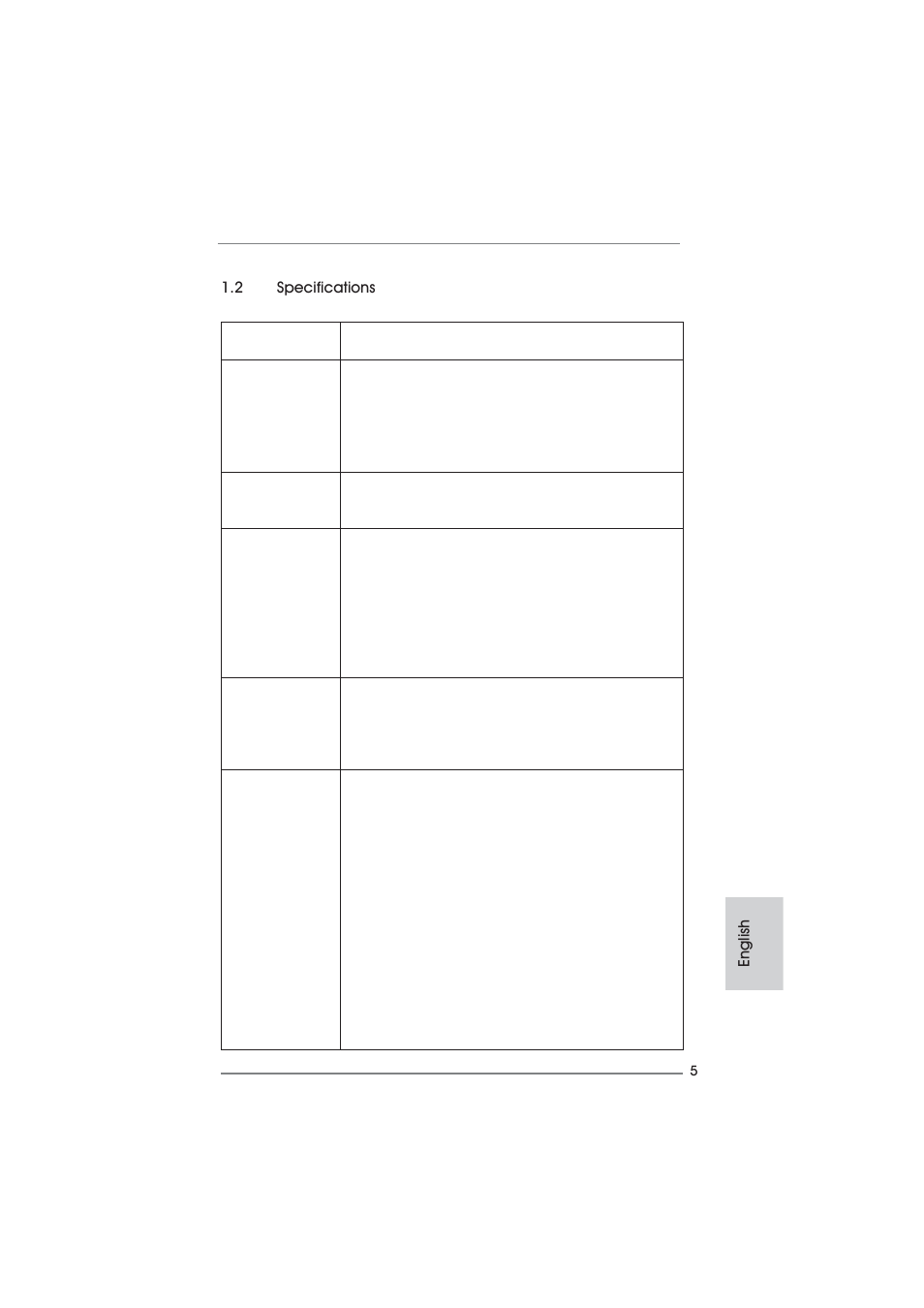 English 1.2 specifications | ASRock H61DE__S3 User Manual | Page 5 / 164