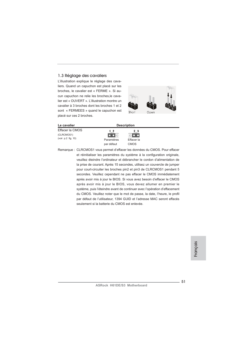 Français 1.3 réglage des cavaliers | ASRock H61DE__S3 User Manual | Page 51 / 164