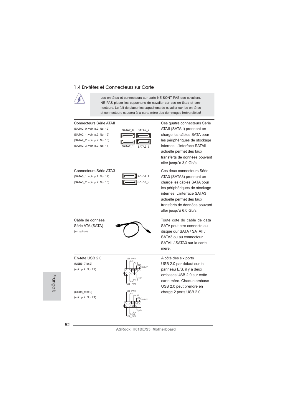 Français 1.4 en-têtes et connecteurs sur carte | ASRock H61DE__S3 User Manual | Page 52 / 164
