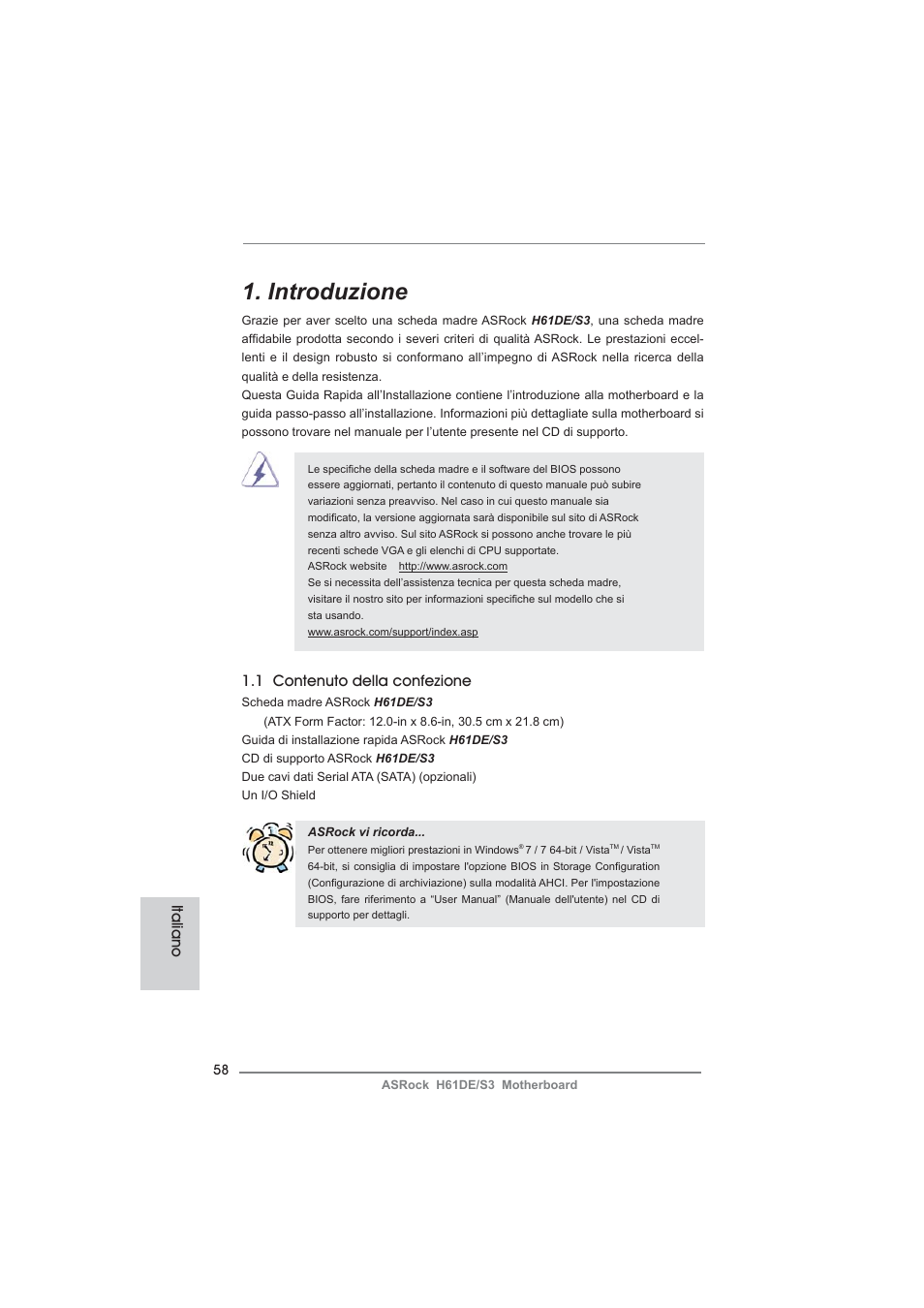 Italian, Introduzione, 1 contenuto della confezione | Italiano | ASRock H61DE__S3 User Manual | Page 58 / 164