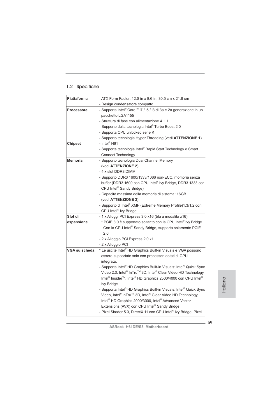 Italiano 1.2 specifiche | ASRock H61DE__S3 User Manual | Page 59 / 164