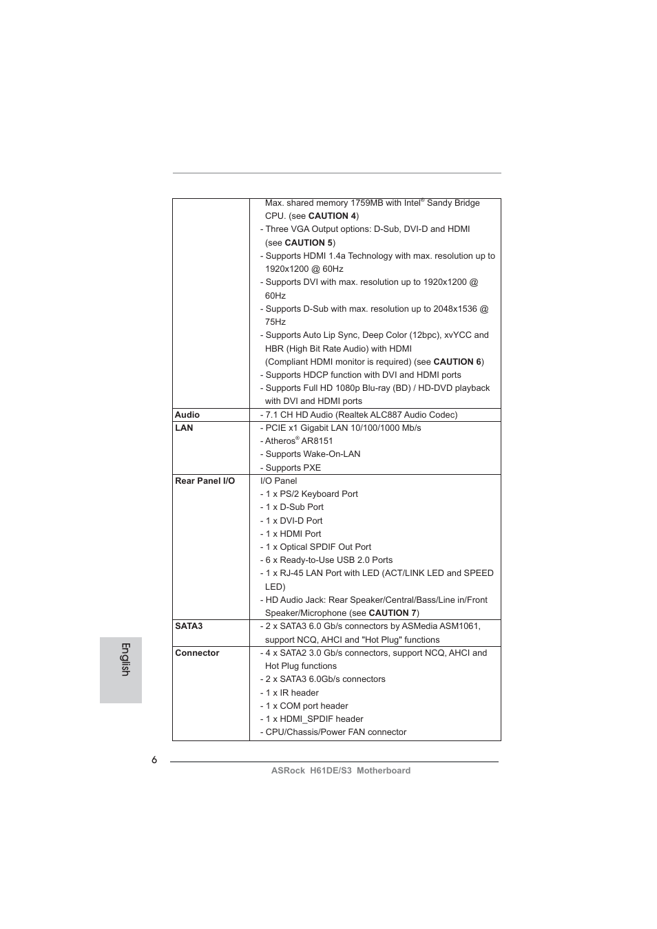 English | ASRock H61DE__S3 User Manual | Page 6 / 164