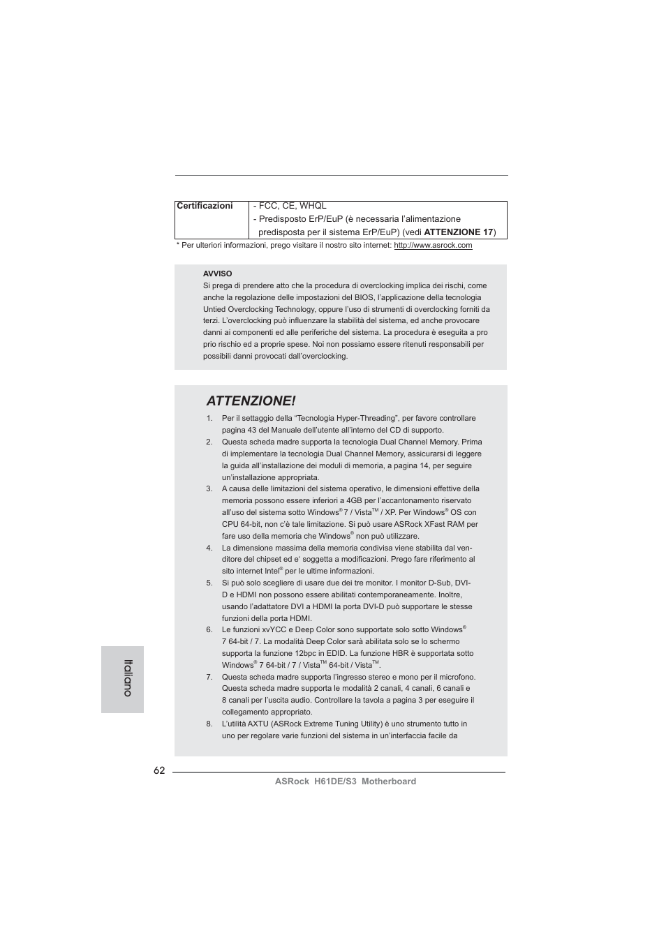 Attenzione, Italiano | ASRock H61DE__S3 User Manual | Page 62 / 164