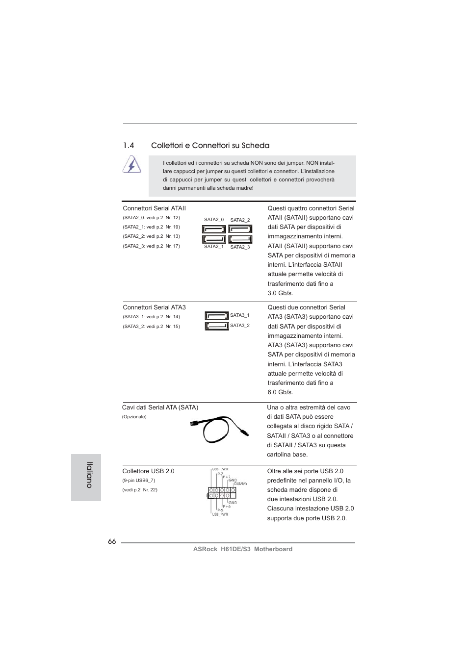 4 collettori e connettori su scheda, Italiano | ASRock H61DE__S3 User Manual | Page 66 / 164