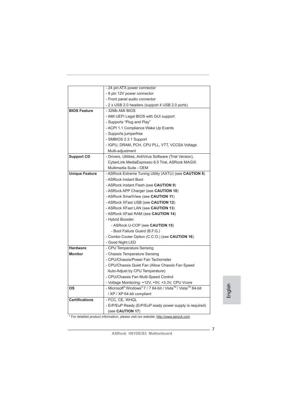 English | ASRock H61DE__S3 User Manual | Page 7 / 164