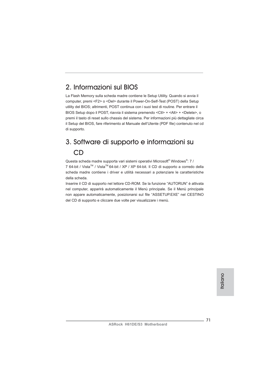 Informazioni sul bios, Software di supporto e informazioni su cd | ASRock H61DE__S3 User Manual | Page 71 / 164