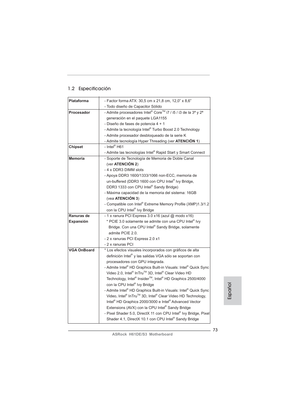 Español 1.2 especificación | ASRock H61DE__S3 User Manual | Page 73 / 164