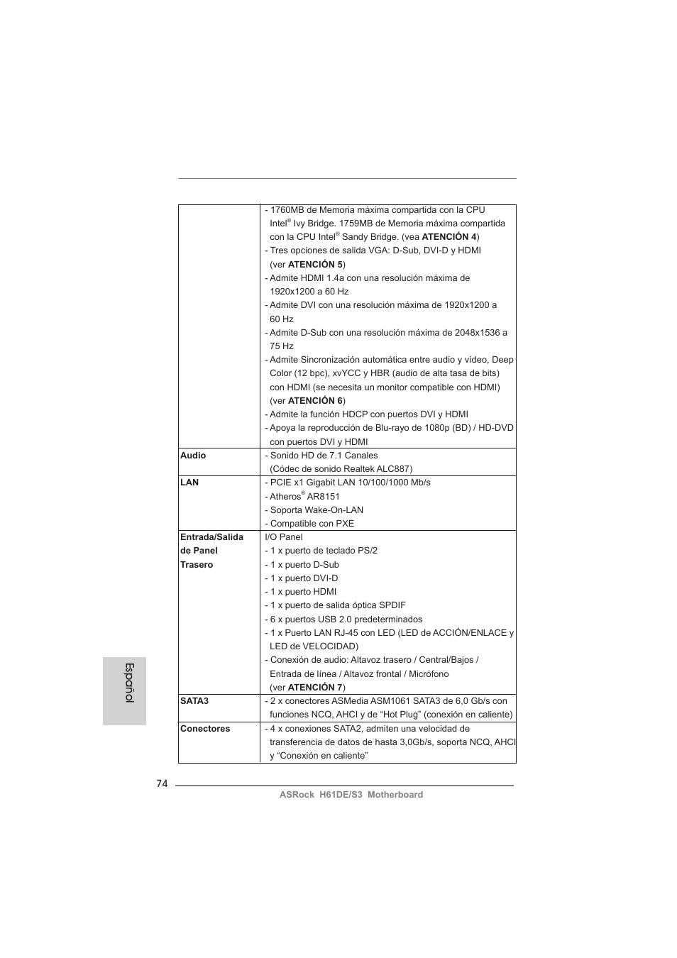 Español | ASRock H61DE__S3 User Manual | Page 74 / 164