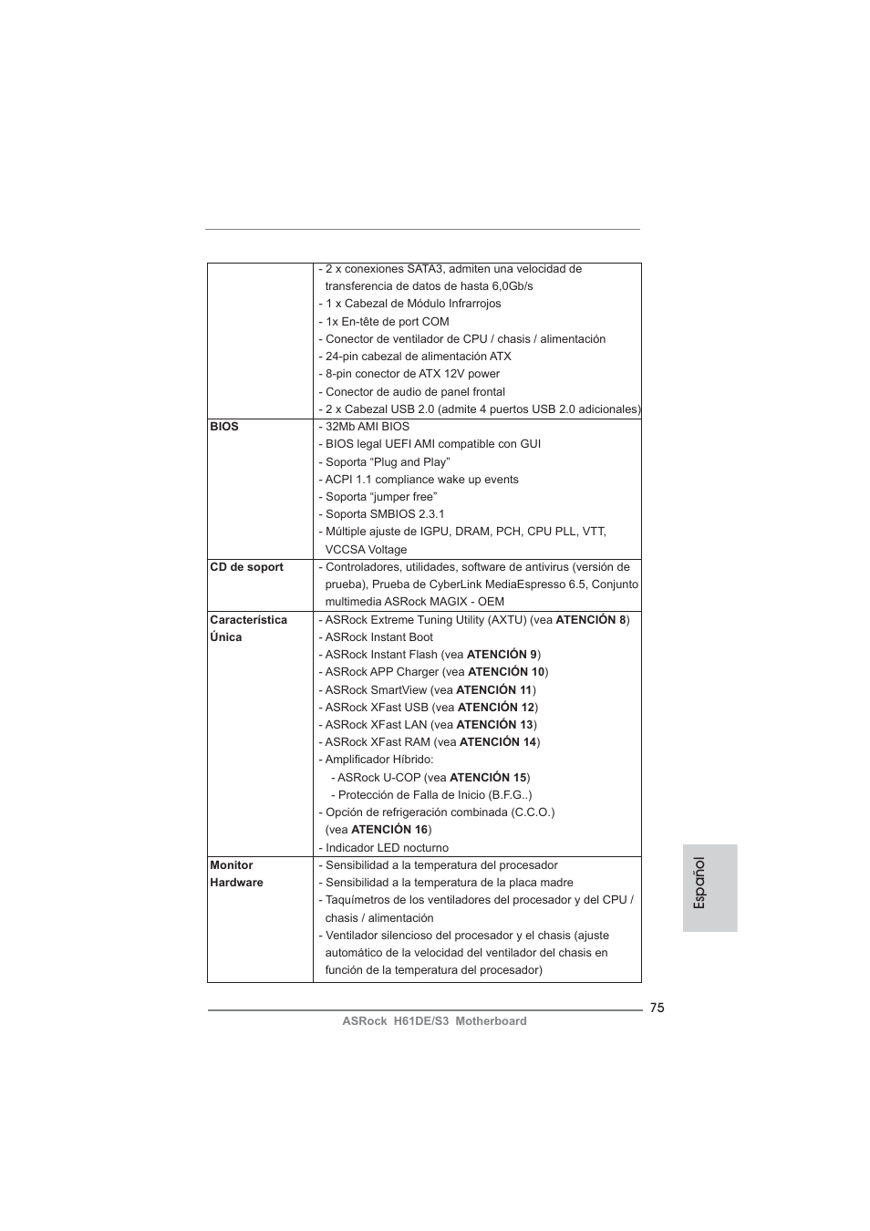Español | ASRock H61DE__S3 User Manual | Page 75 / 164