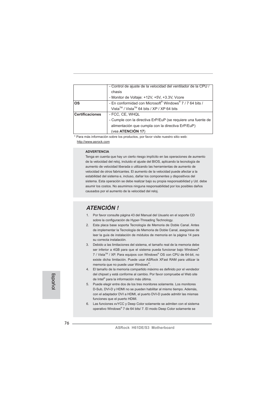 Atención, Español | ASRock H61DE__S3 User Manual | Page 76 / 164