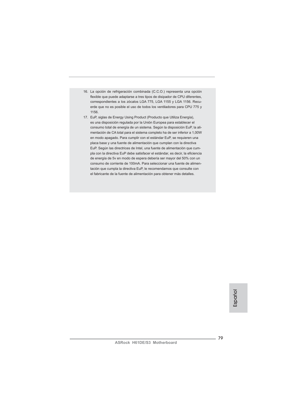 Español | ASRock H61DE__S3 User Manual | Page 79 / 164
