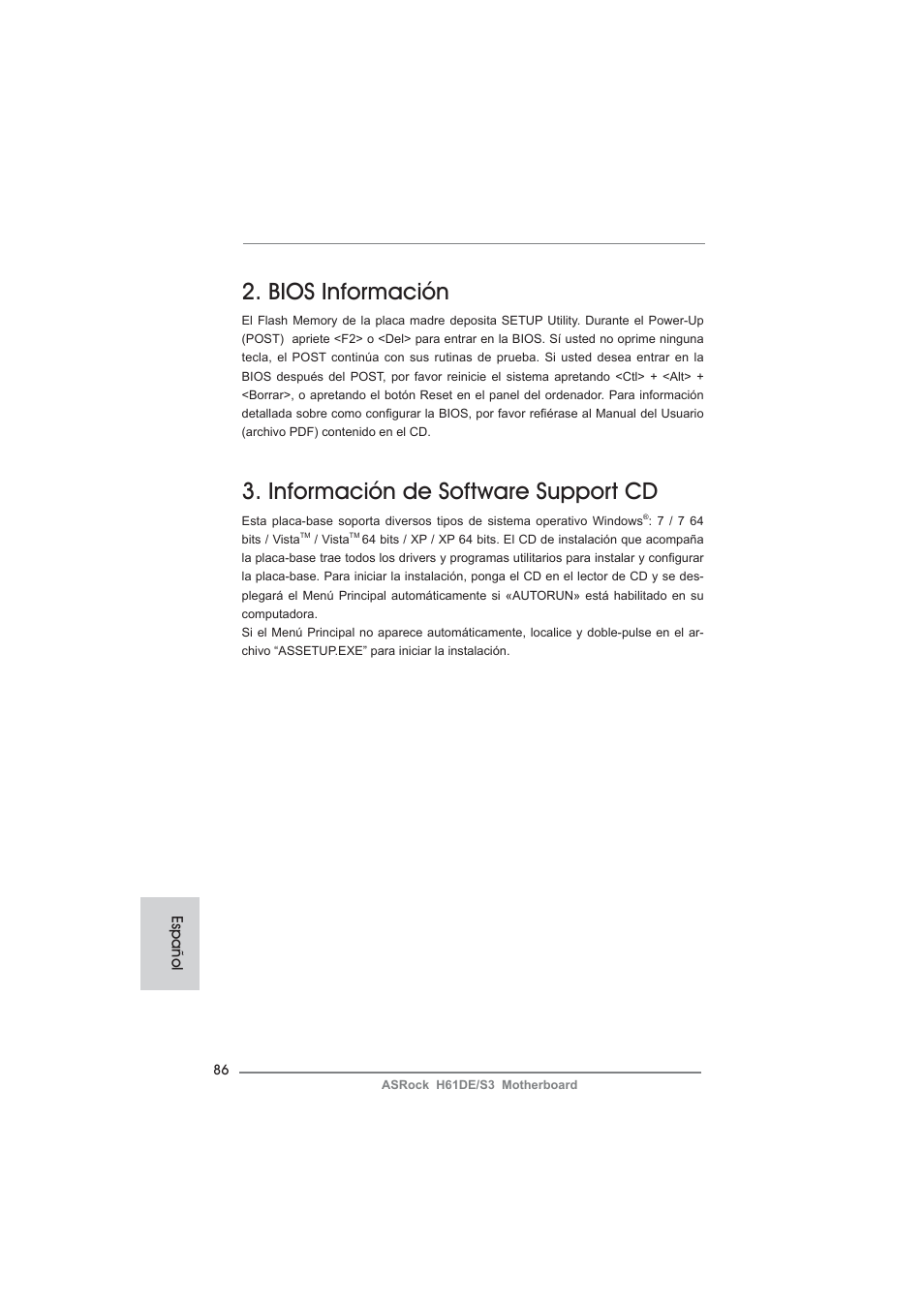 Bios información, Información de software support cd | ASRock H61DE__S3 User Manual | Page 86 / 164
