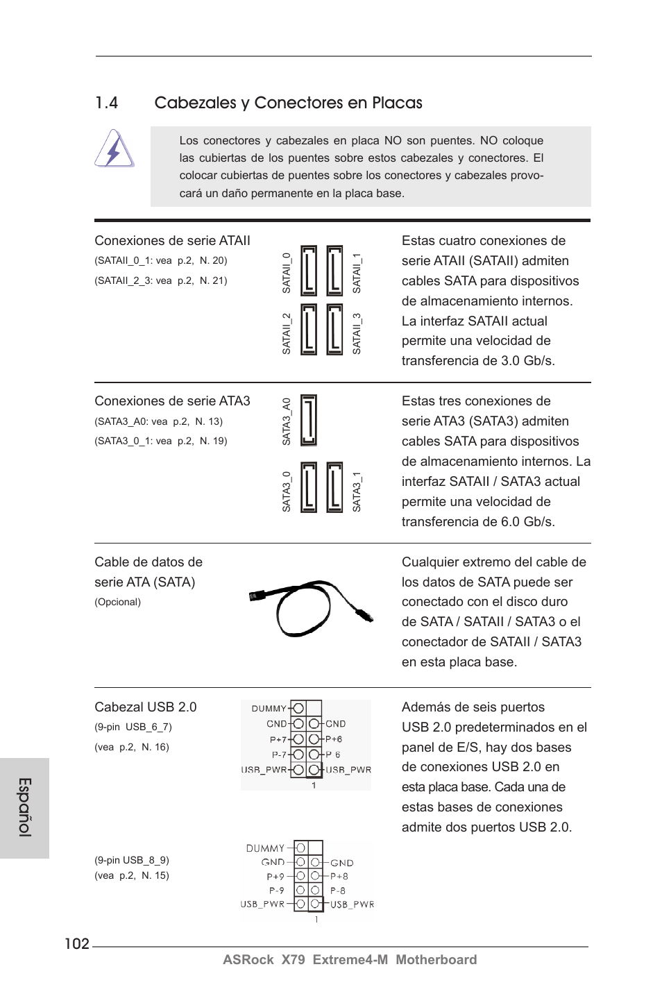 Español 1.4 cabezales y conectores en placas | ASRock X79 Extreme4-M User Manual | Page 102 / 229