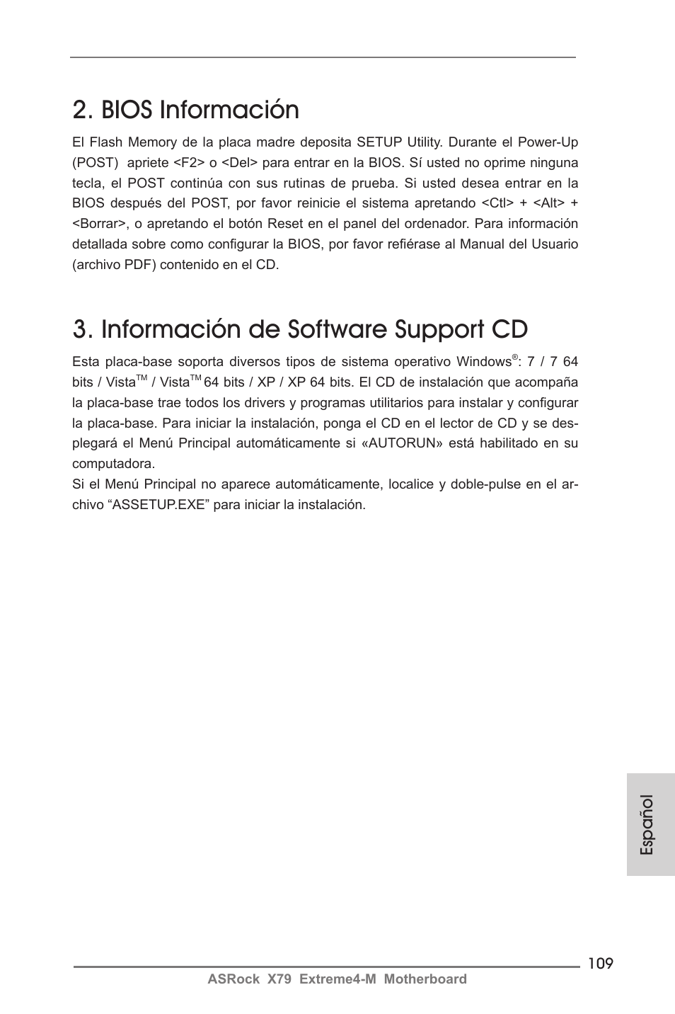 Bios información, Información de software support cd, Español | ASRock X79 Extreme4-M User Manual | Page 109 / 229