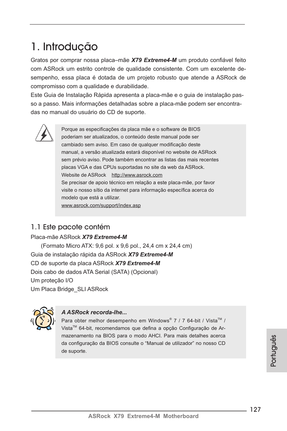 Portuguese, Introdução, 1 este pacote contém | Por tuguês | ASRock X79 Extreme4-M User Manual | Page 127 / 229