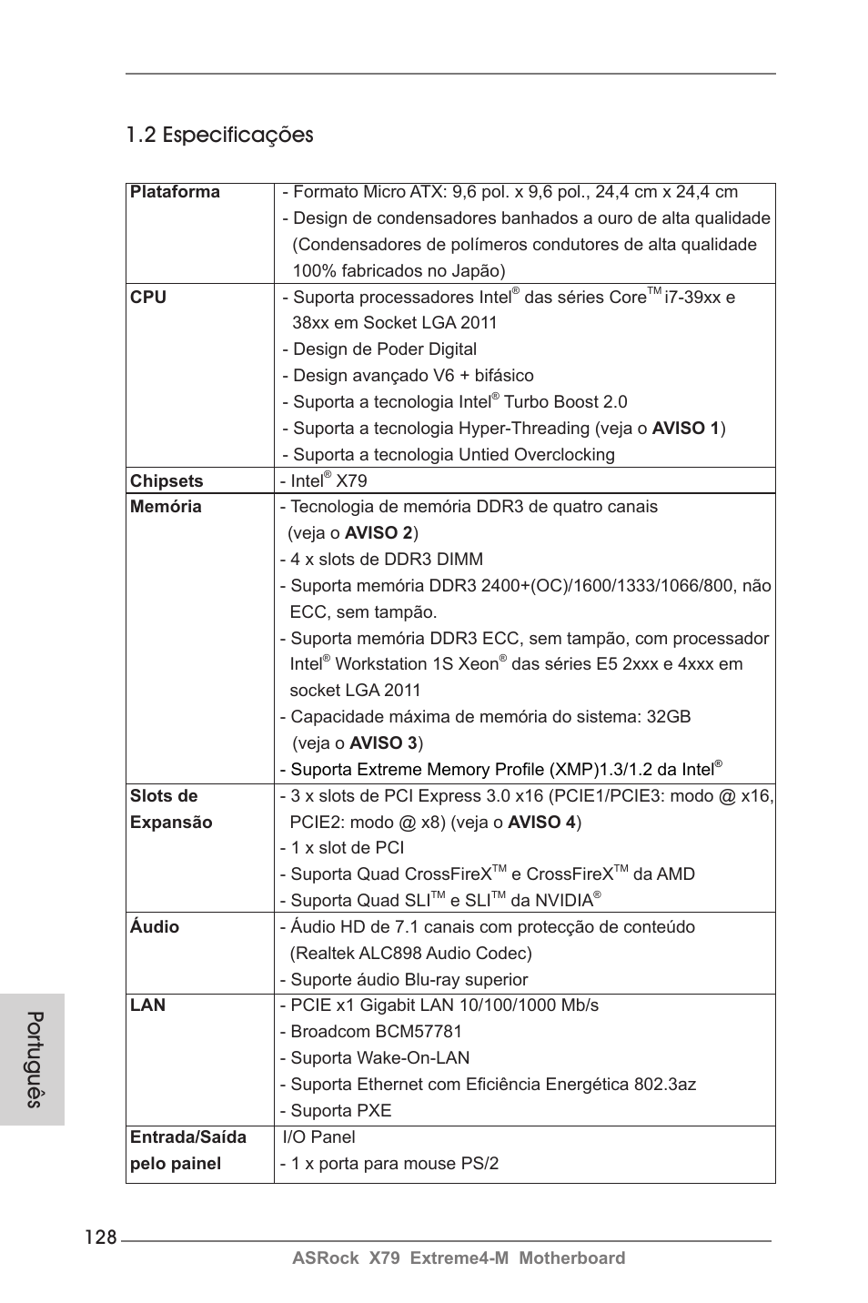 Por tuguês 1.2 especificações | ASRock X79 Extreme4-M User Manual | Page 128 / 229