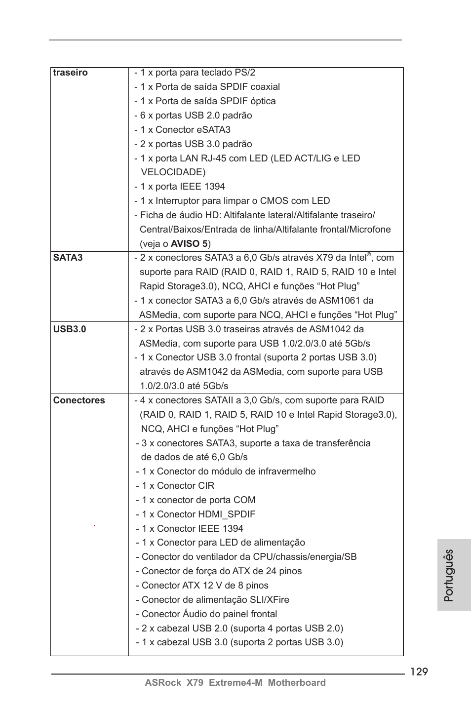 Por tuguês | ASRock X79 Extreme4-M User Manual | Page 129 / 229