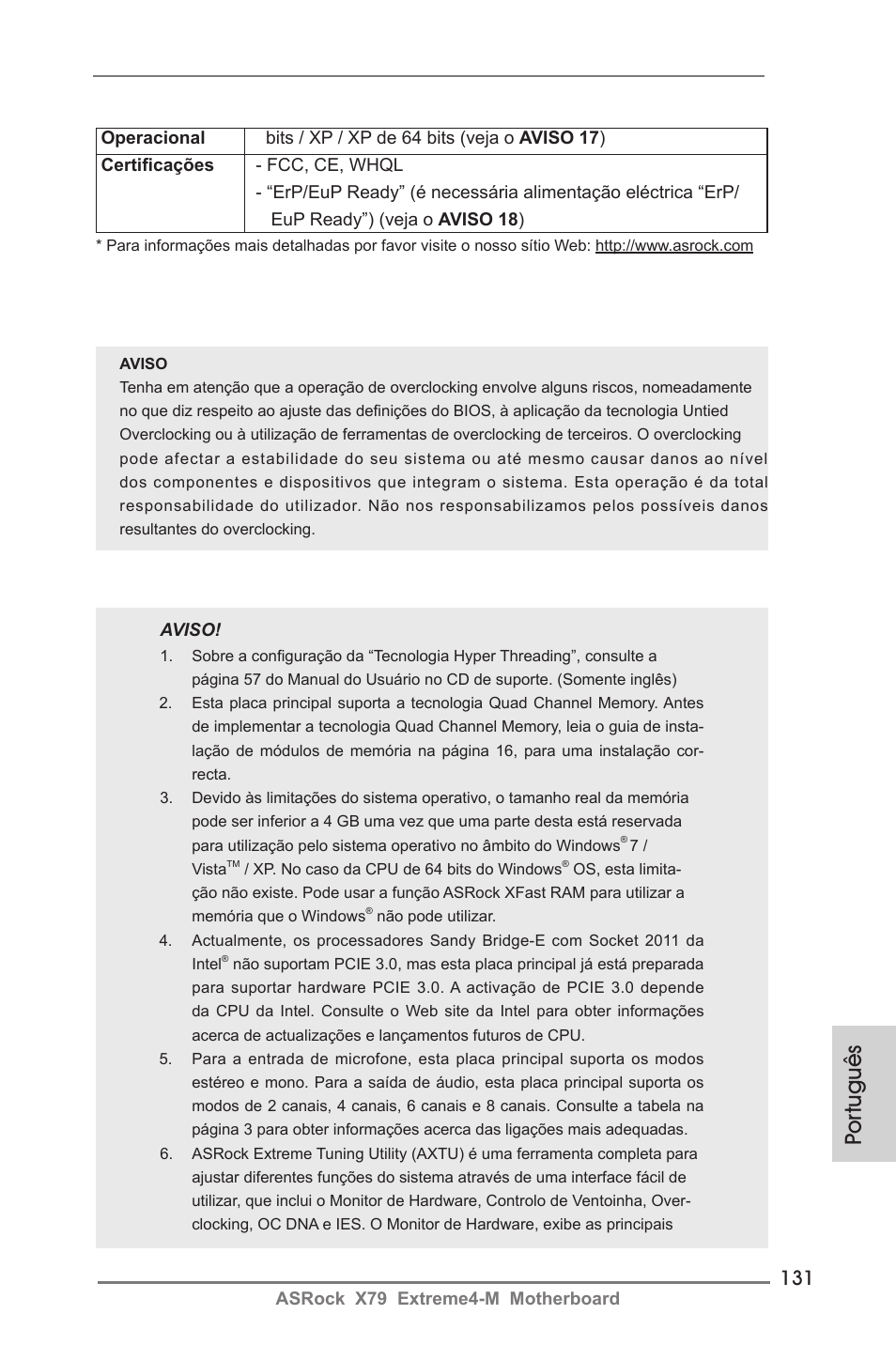Por tuguês | ASRock X79 Extreme4-M User Manual | Page 131 / 229