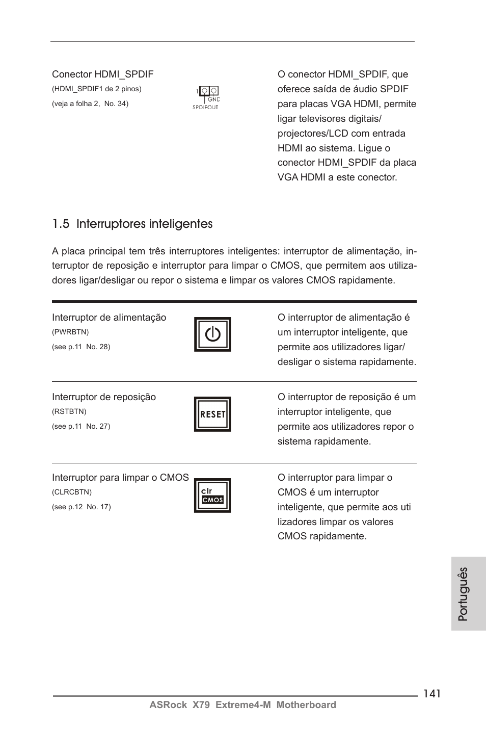 Por tuguês, 5 interruptores inteligentes | ASRock X79 Extreme4-M User Manual | Page 141 / 229