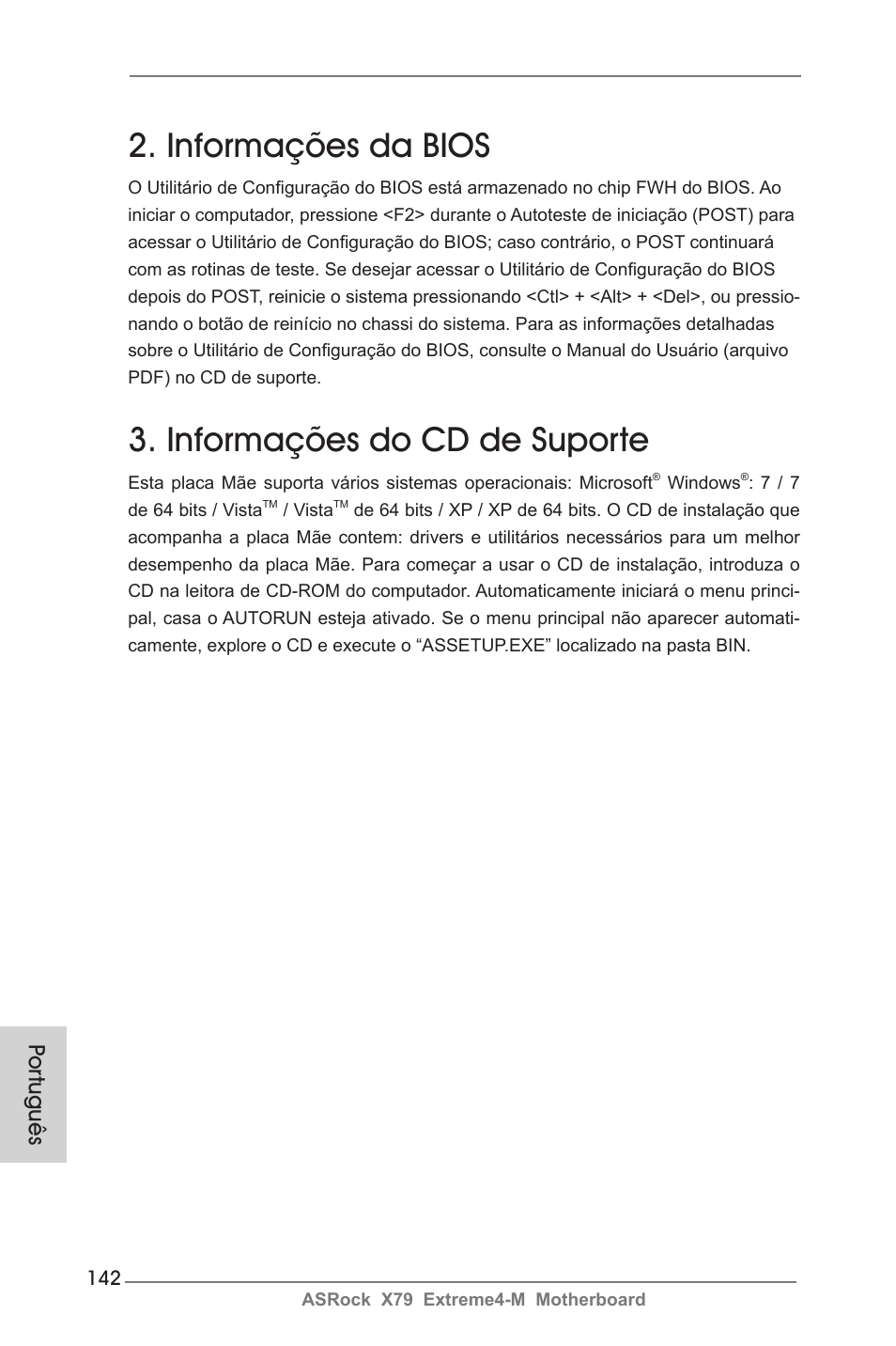 Informações da bios, Informações do cd de suporte, Por tuguês | ASRock X79 Extreme4-M User Manual | Page 142 / 229