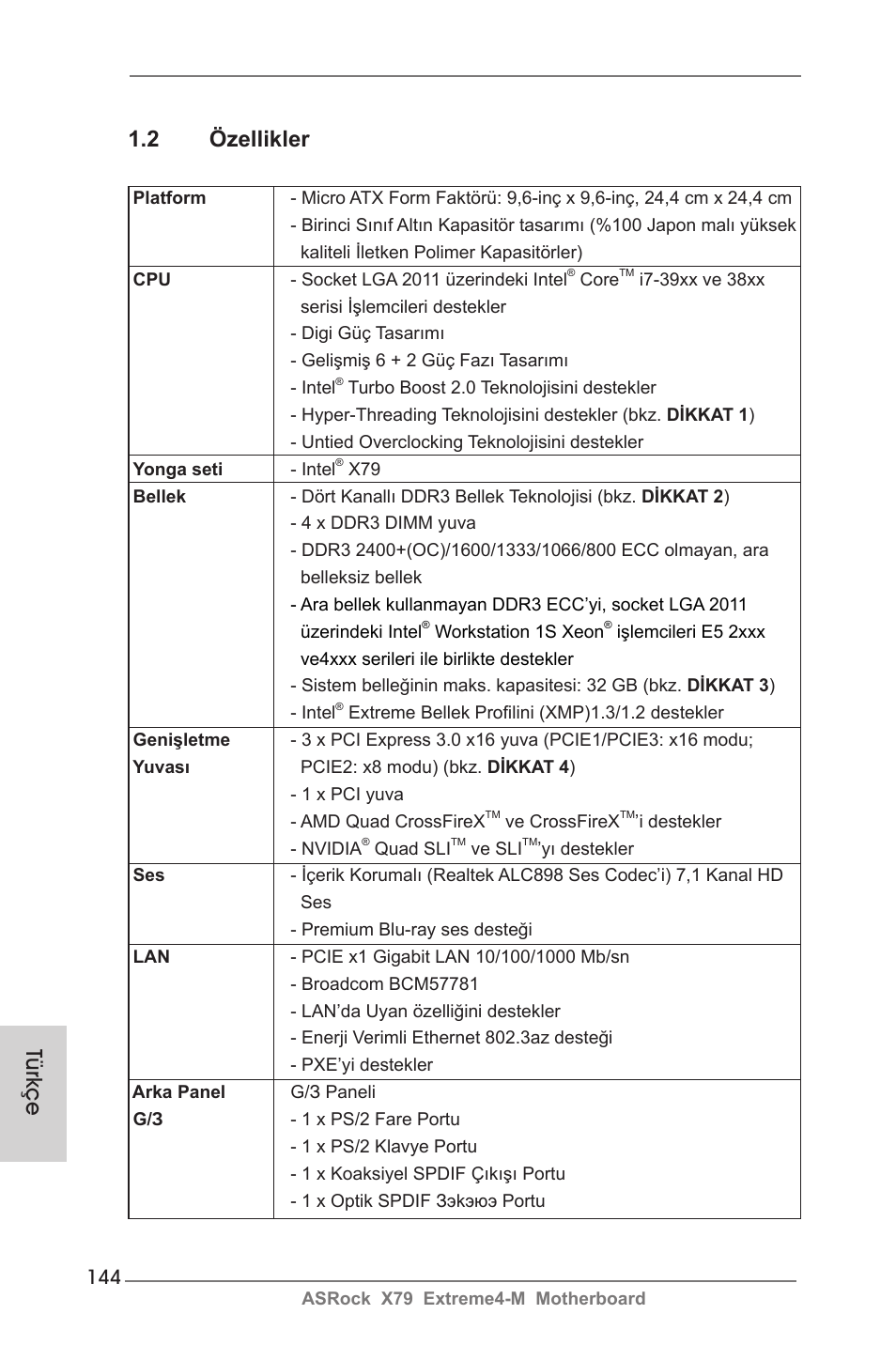 Türkçe 1.2 özellikler | ASRock X79 Extreme4-M User Manual | Page 144 / 229