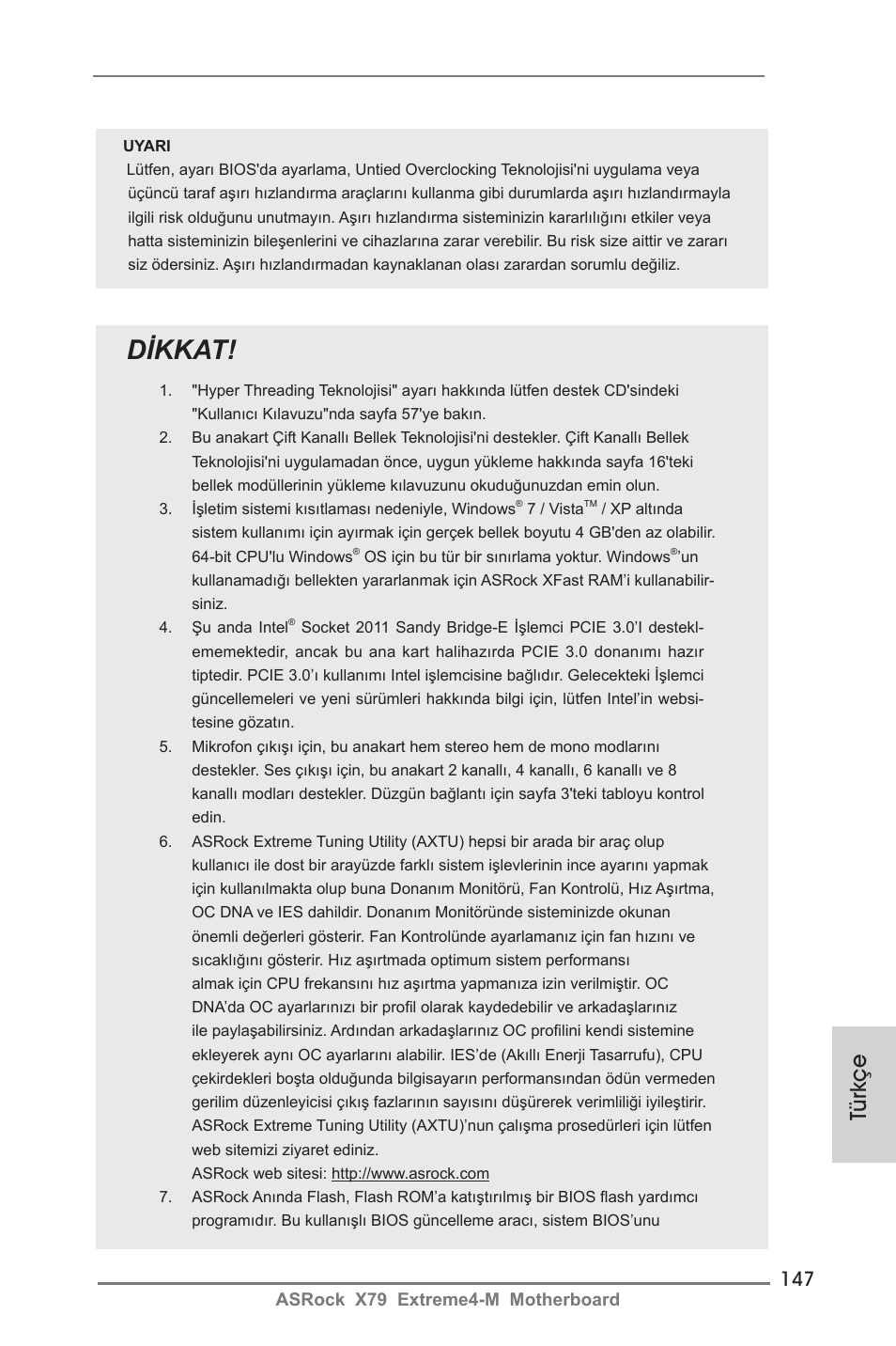 Dikkat, Türkçe | ASRock X79 Extreme4-M User Manual | Page 147 / 229